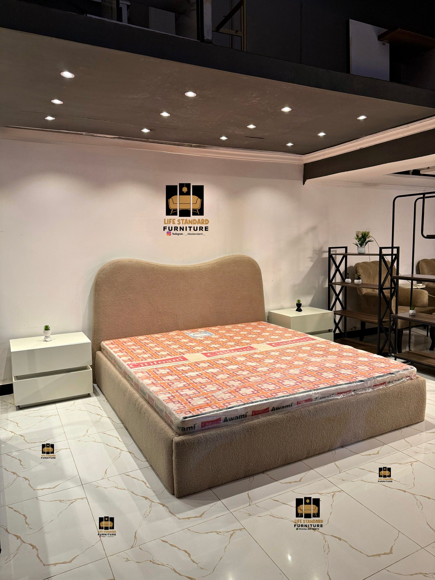 Modern Upholstered Bed with Deco-Painted Side Tables โ A Blend of Comfort, Luxury & Functionality