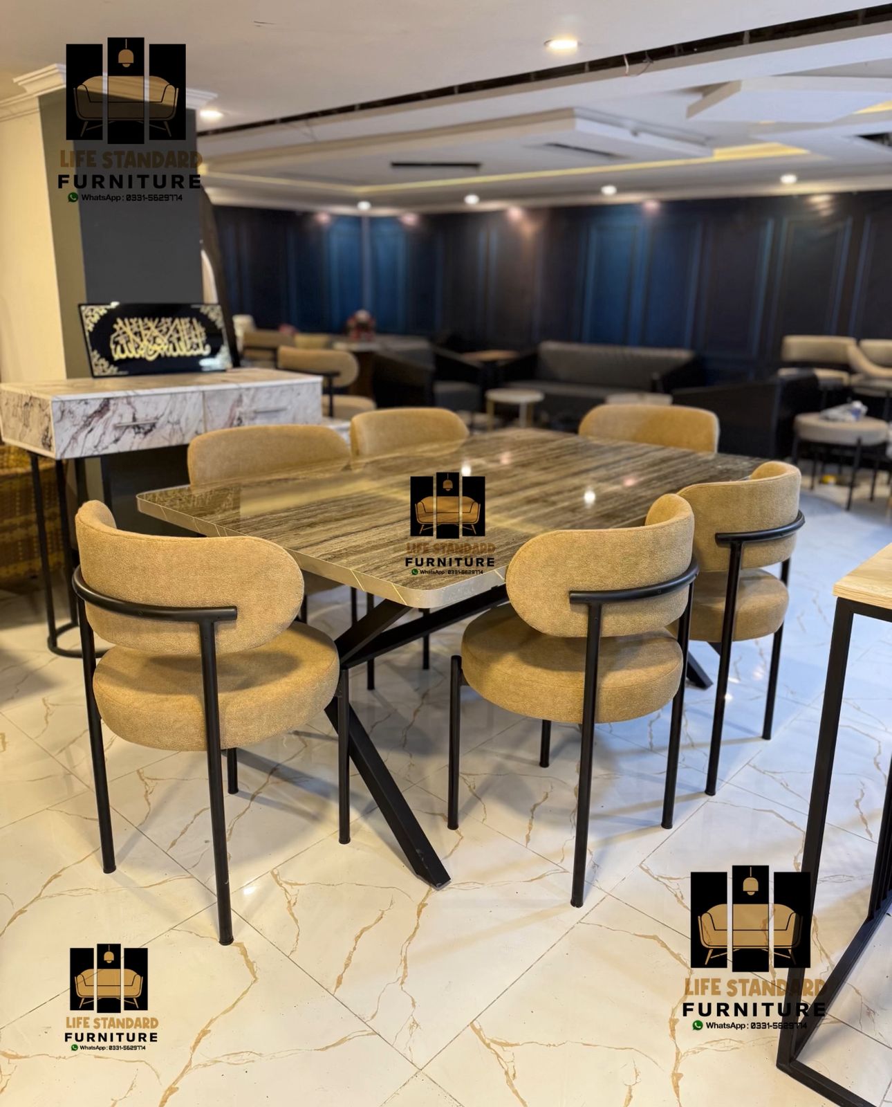 Luxury Marble Dining Table Set with 6 Upholstered Chairs