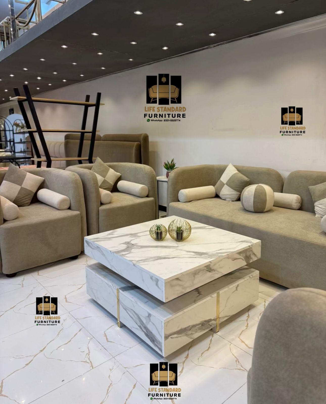 Luxury Beige Sofa Set with Marble Center Table – 7 Seater