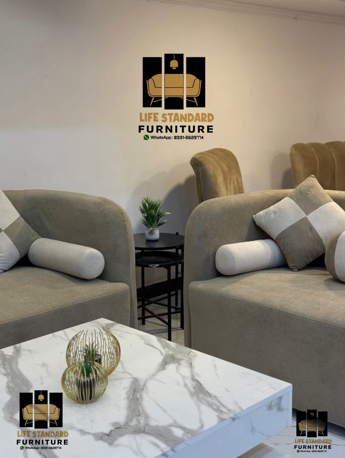 Luxury Beige Sofa Set with Marble Center Table – 7 Seater