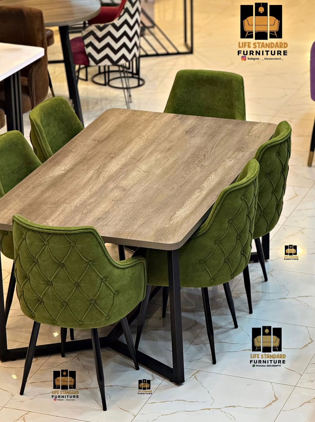 Modern 6 Seater Dining Table Set with Green Velvet Chairs