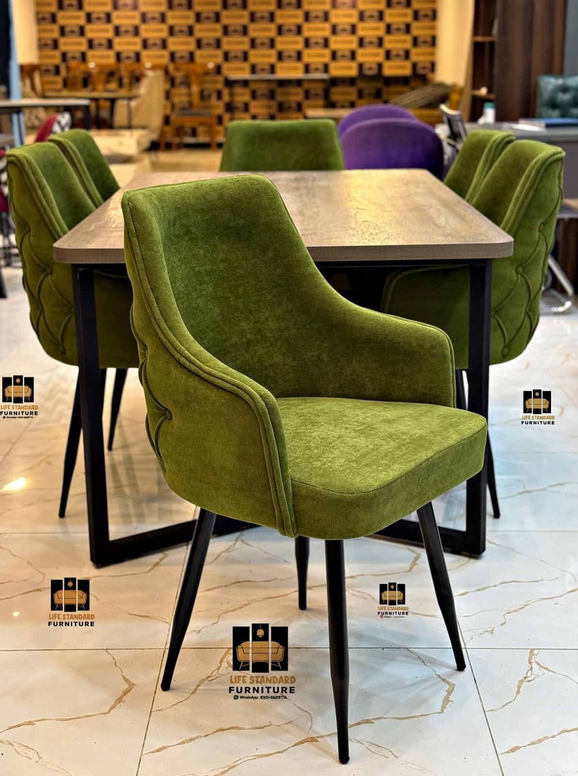 Modern 6 Seater Dining Table Set with Green Velvet Chairs
