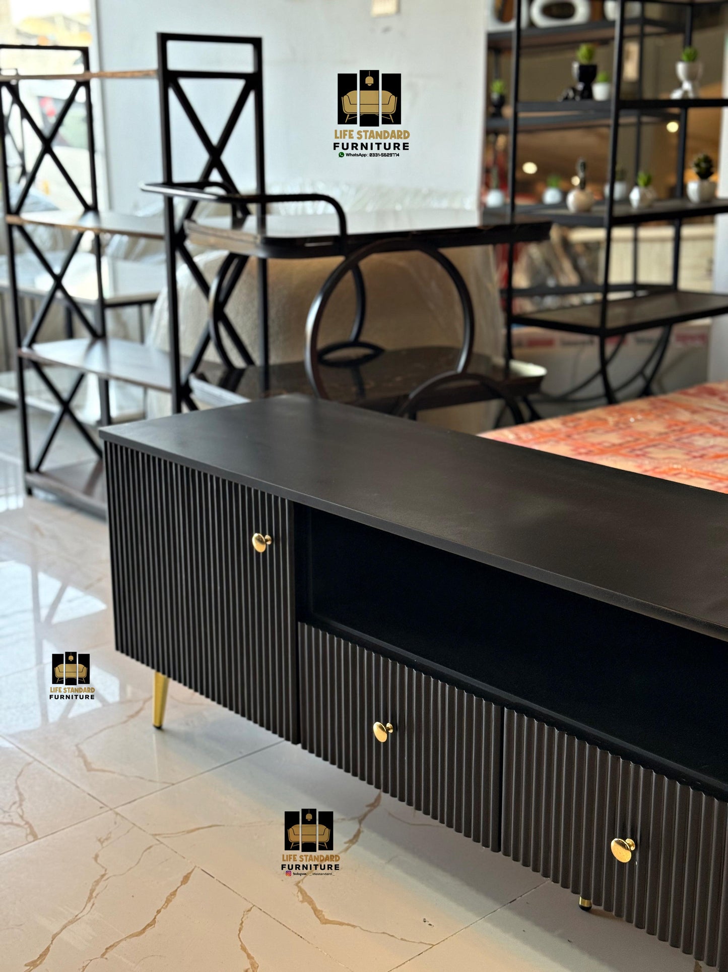 Modern Black Deco Sideboard / TV Console with Gold Accents – Luxury Storage Cabinet