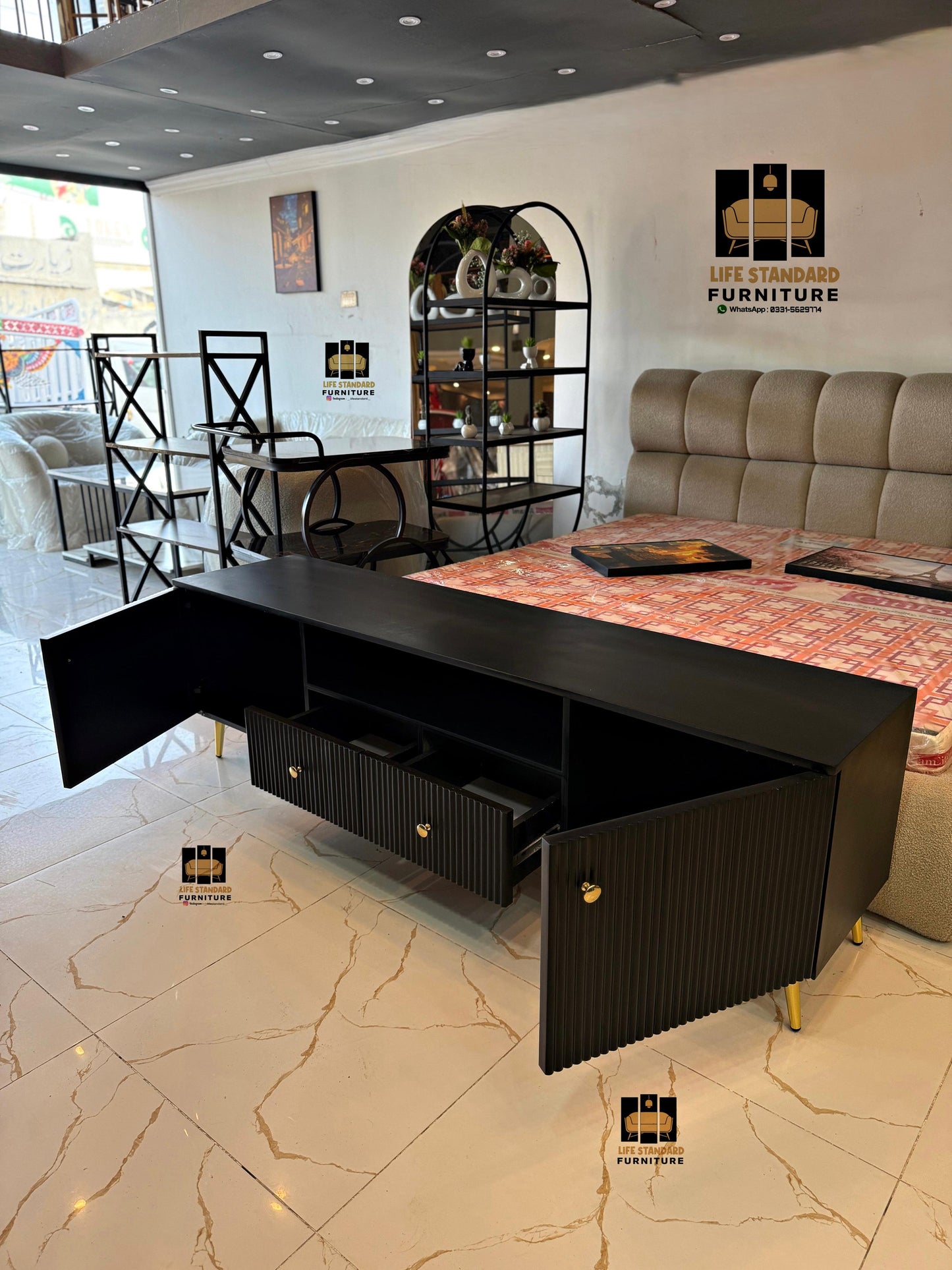 Modern Black Deco Sideboard / TV Console with Gold Accents – Luxury Storage Cabinet