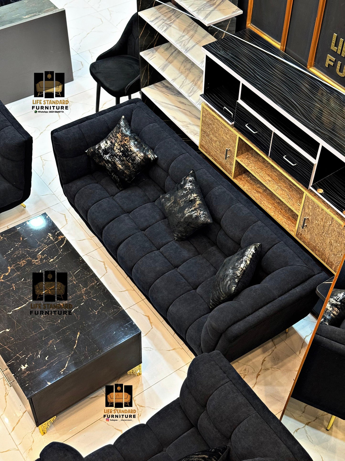 Luxury 5-Piece Black Velvet Living Room Set with Marble Coffee Table – Modern Elegance by Life Standard Furniture