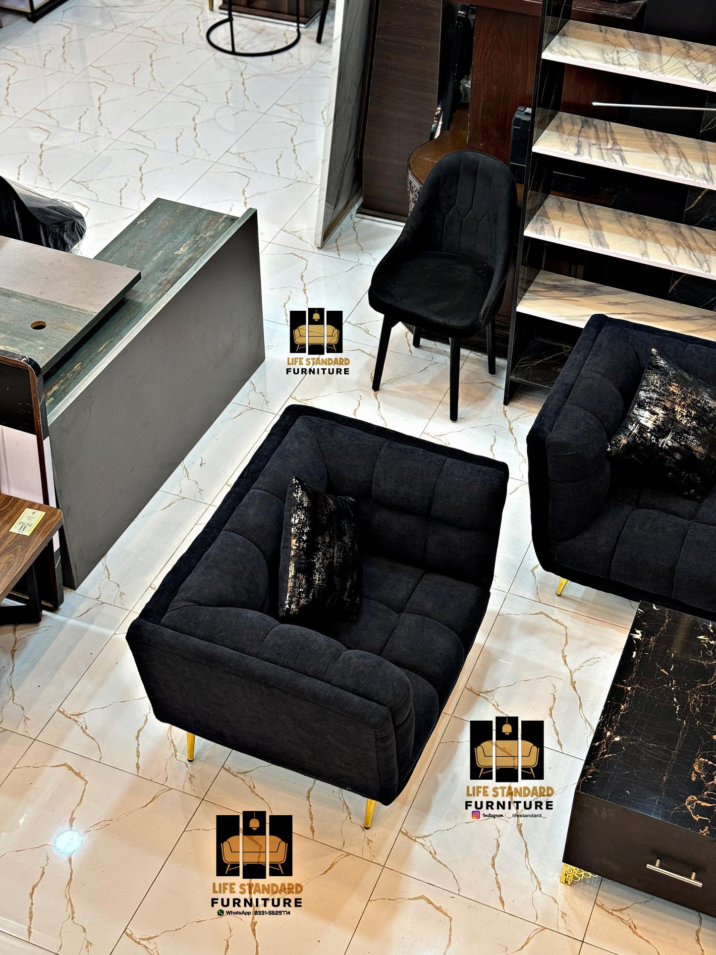 Luxury 5-Piece Black Velvet Living Room Set with Marble Coffee Table – Modern Elegance by Life Standard Furniture