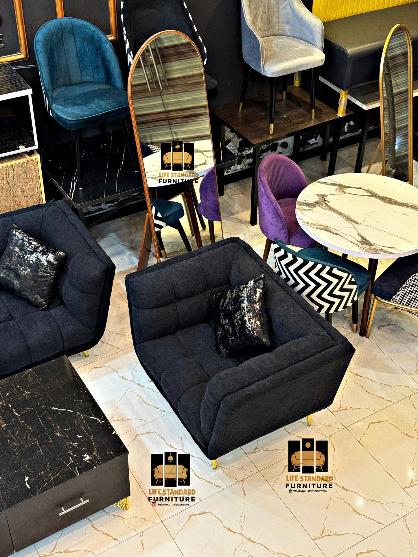 Luxury 5-Piece Black Velvet Living Room Set with Marble Coffee Table – Modern Elegance by Life Standard Furniture