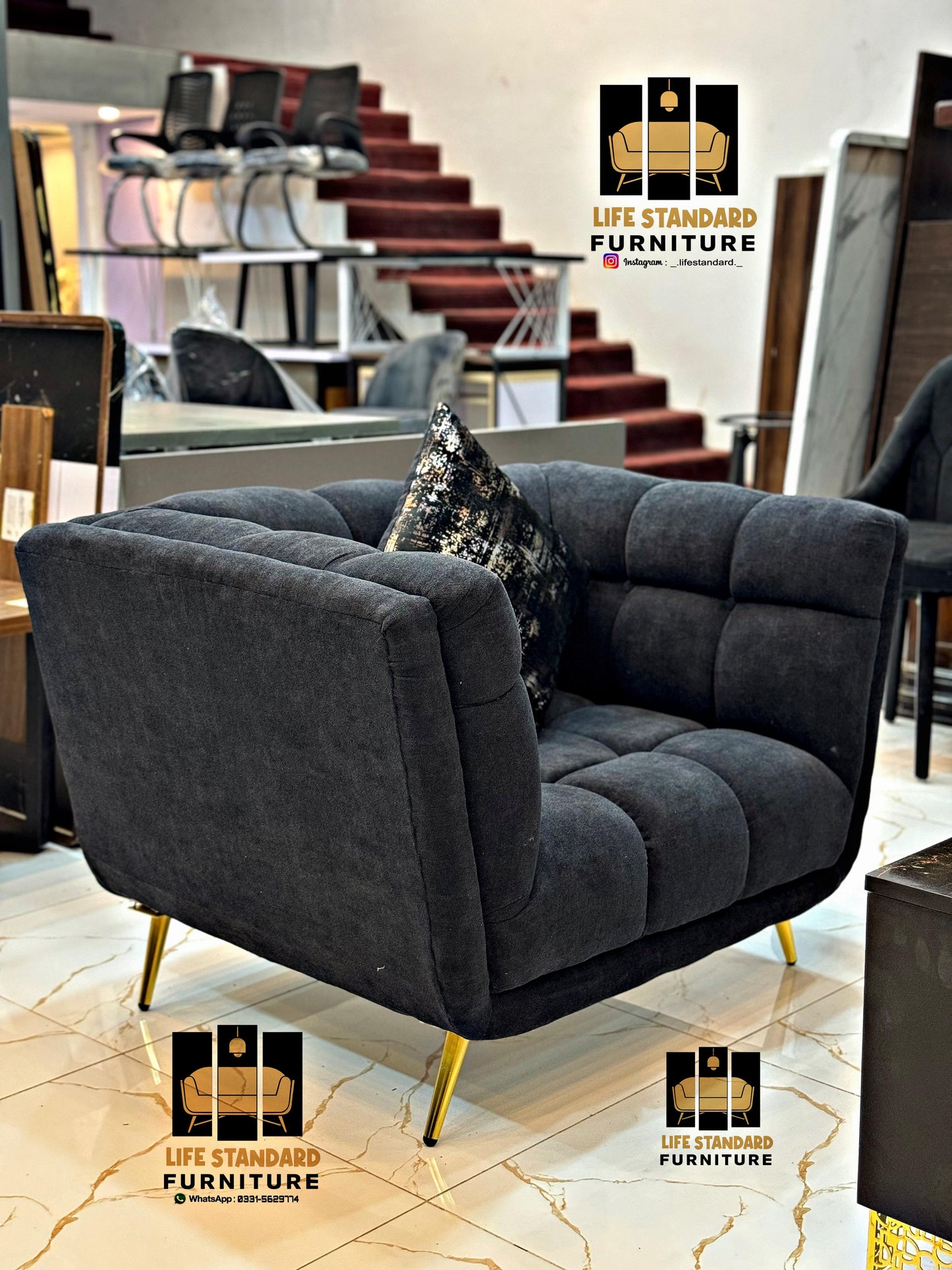 Luxury 5-Piece Black Velvet Living Room Set with Marble Coffee Table – Modern Elegance by Life Standard Furniture