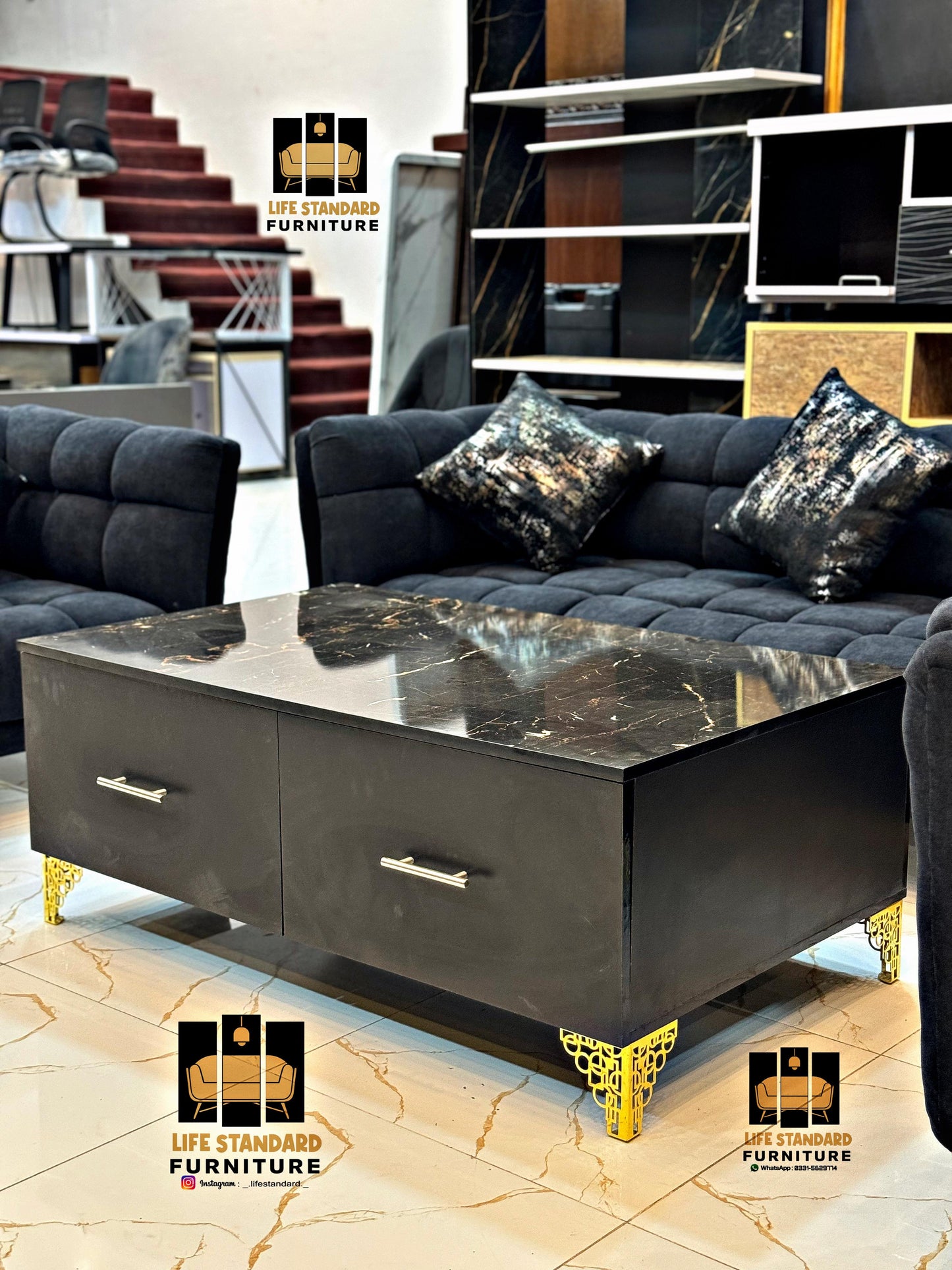Luxury 5-Piece Black Velvet Living Room Set with Marble Coffee Table – Modern Elegance by Life Standard Furniture