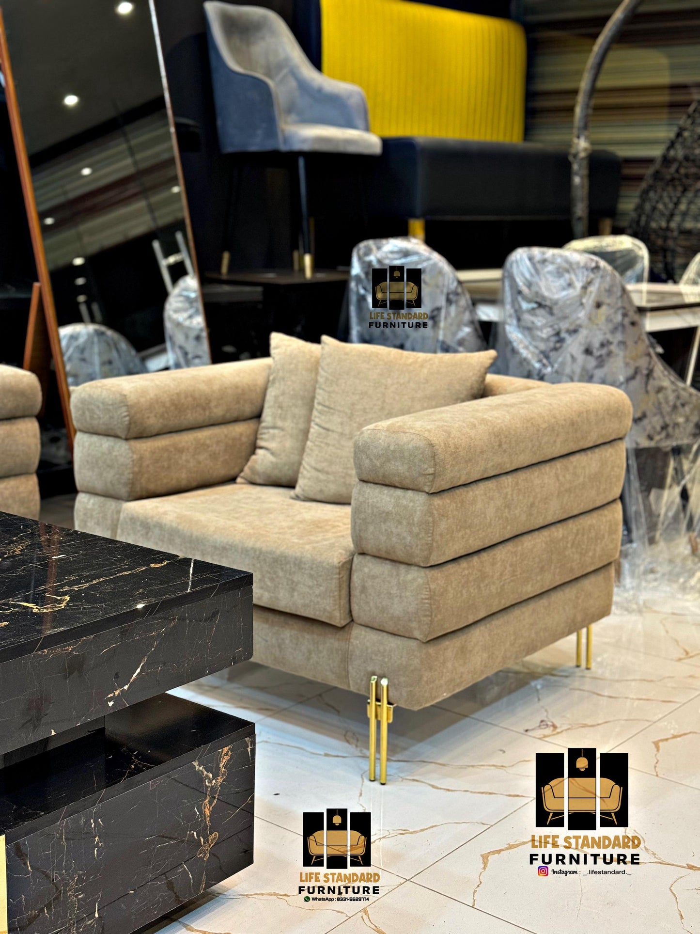 Luxury 5 Seater Beige Suede Living Room Set Elegance by Life Standard Furniture