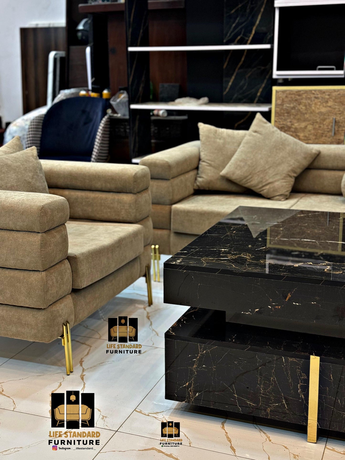 Luxury 5 Seater Beige Suede Living Room Set Elegance by Life Standard Furniture