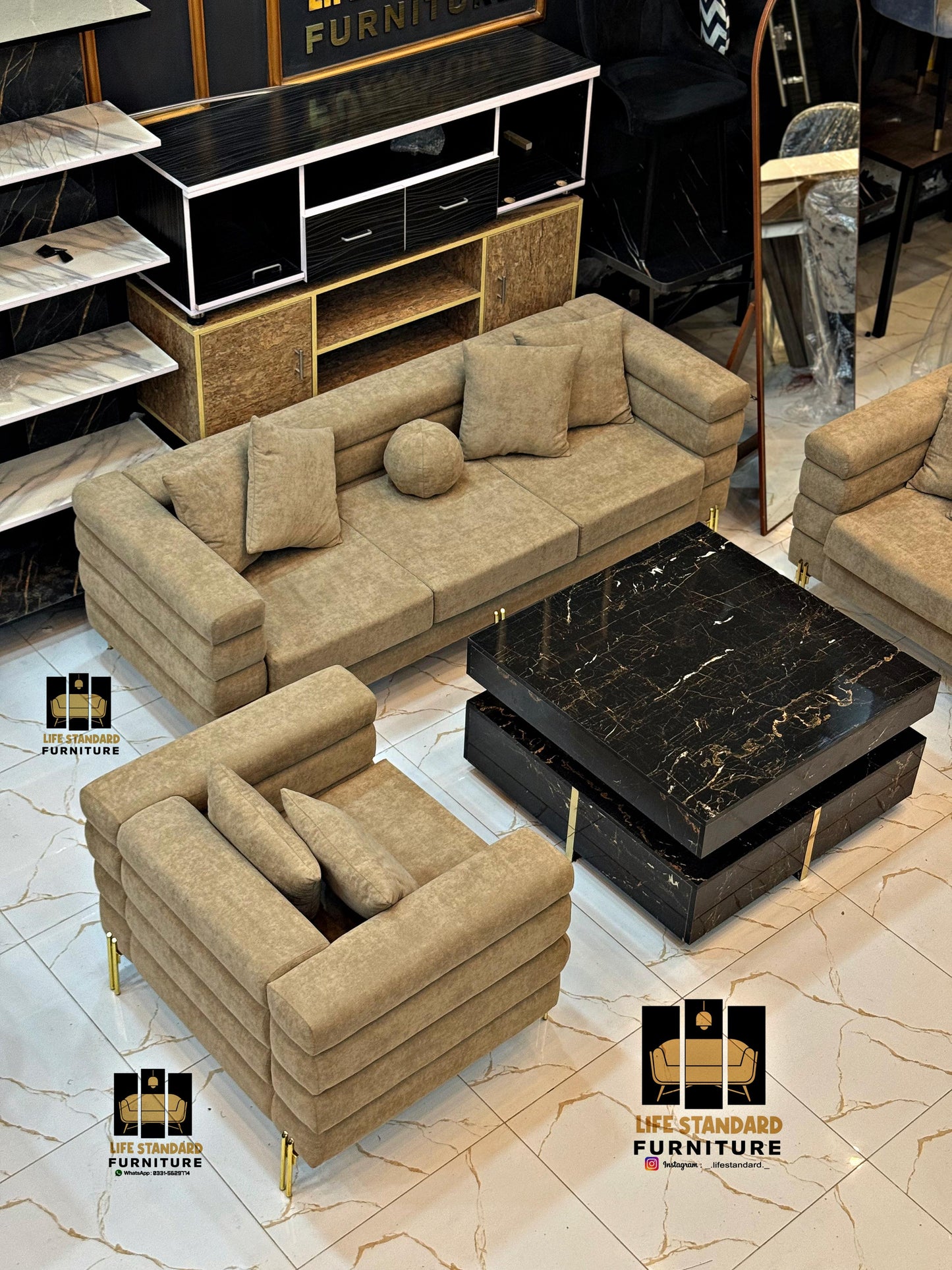 Luxury 5 Seater Beige Suede Living Room Set Elegance by Life Standard Furniture