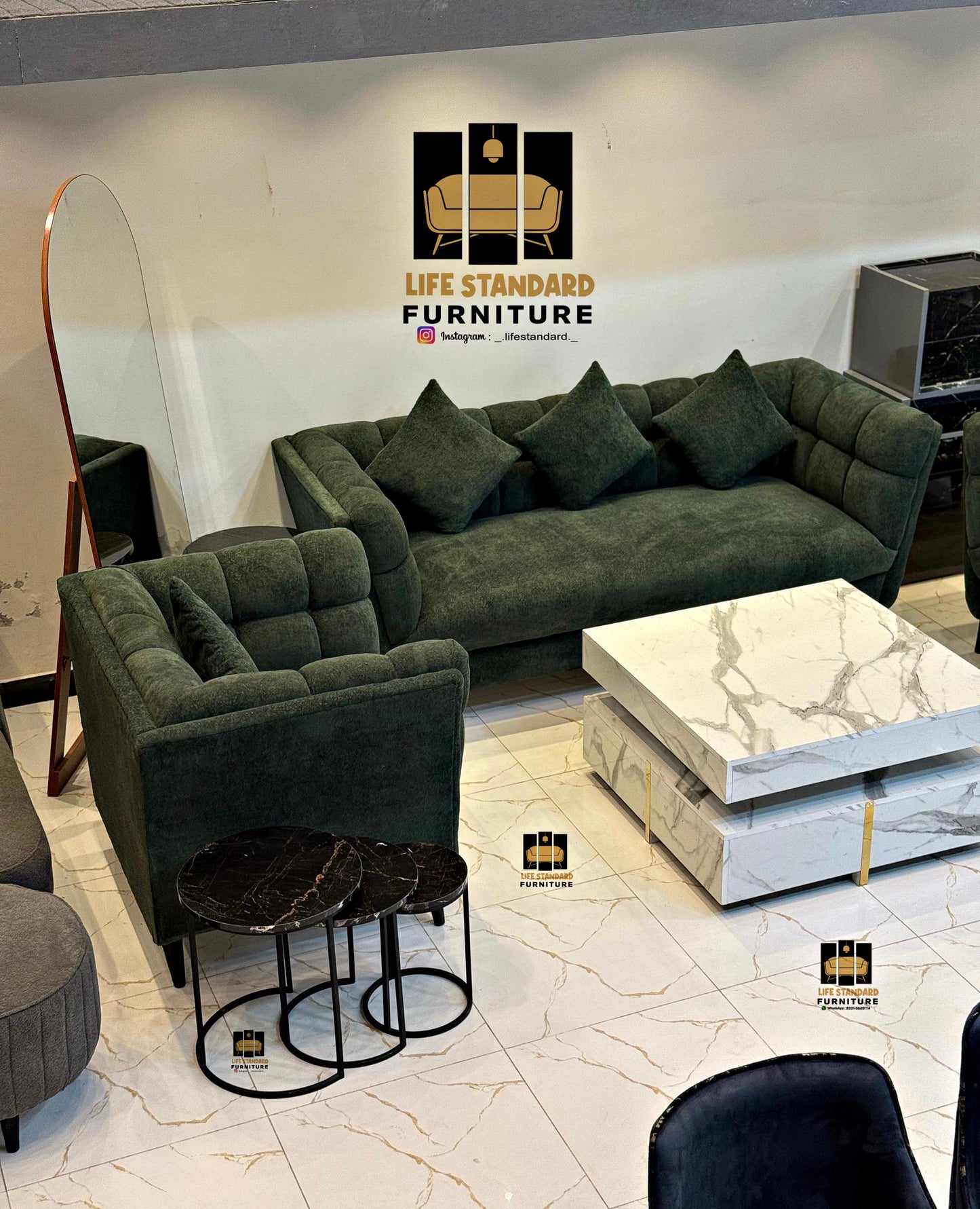 Modern Deep Green Suede Sofa Set – Plush Comfort by Life Standard Furniture