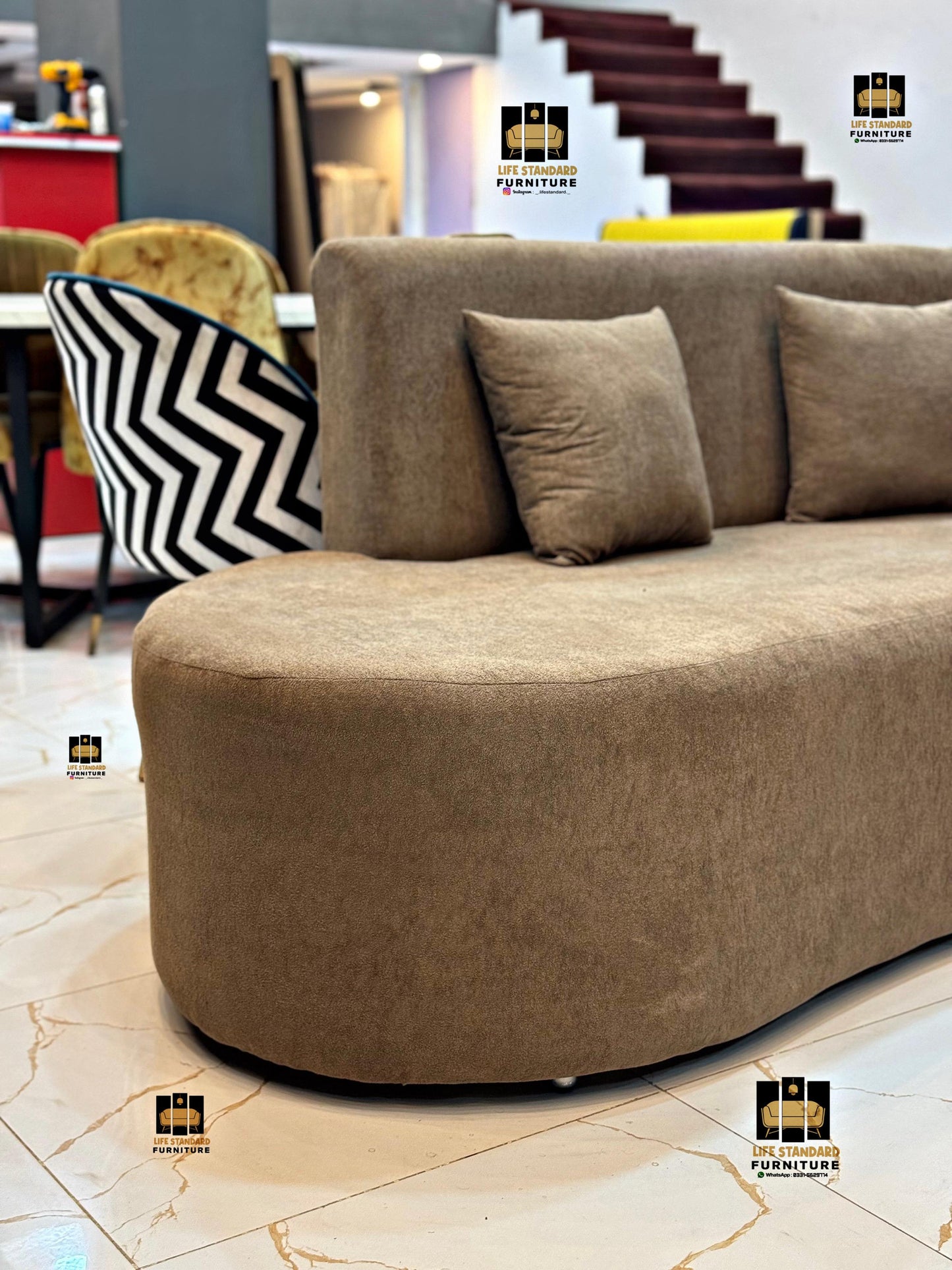 Modern Brown Curved Sofa – Premium Comfort in Towel Fabric with Cushions
