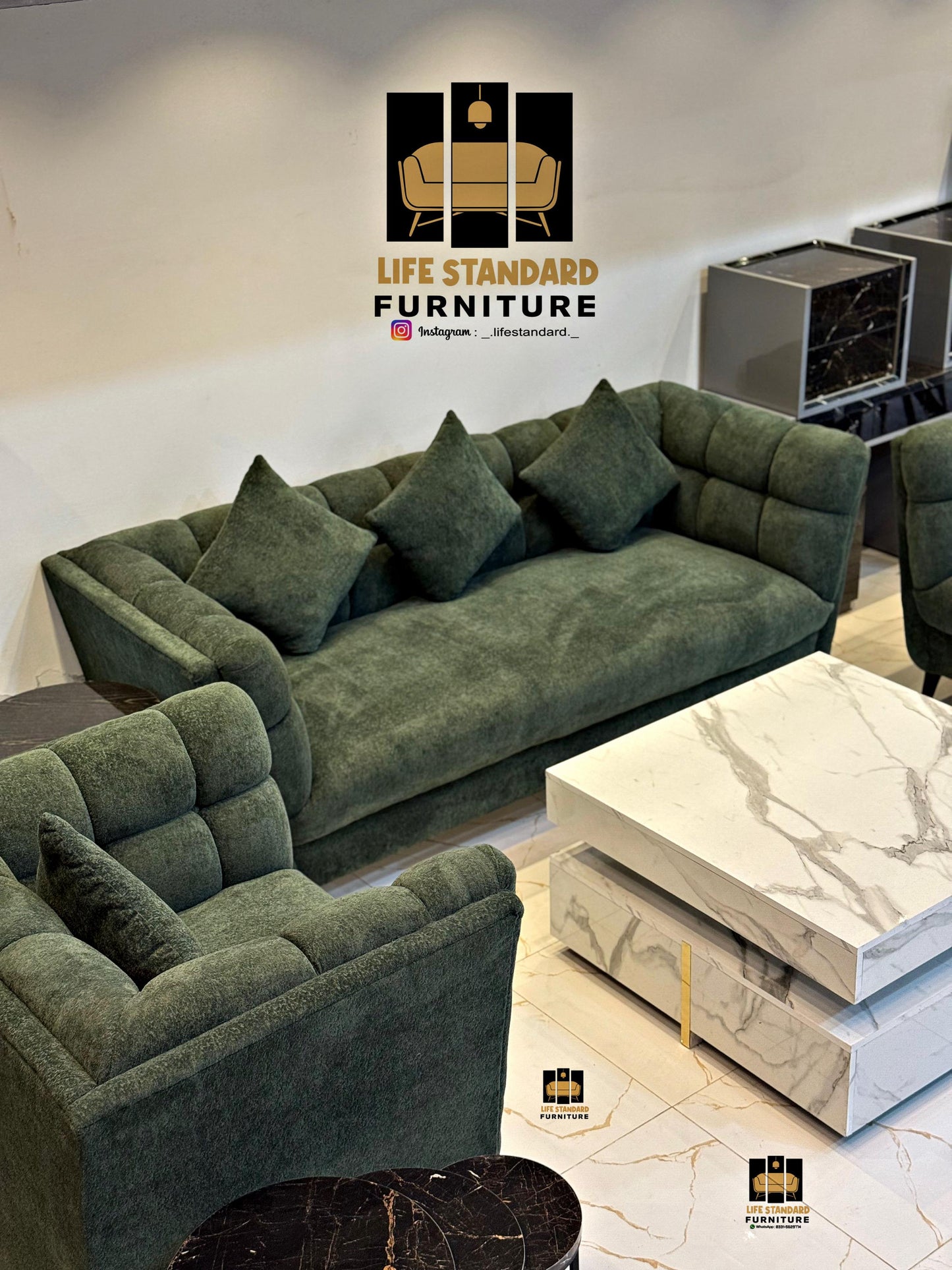 Modern Deep Green Suede Sofa Set – Plush Comfort by Life Standard Furniture