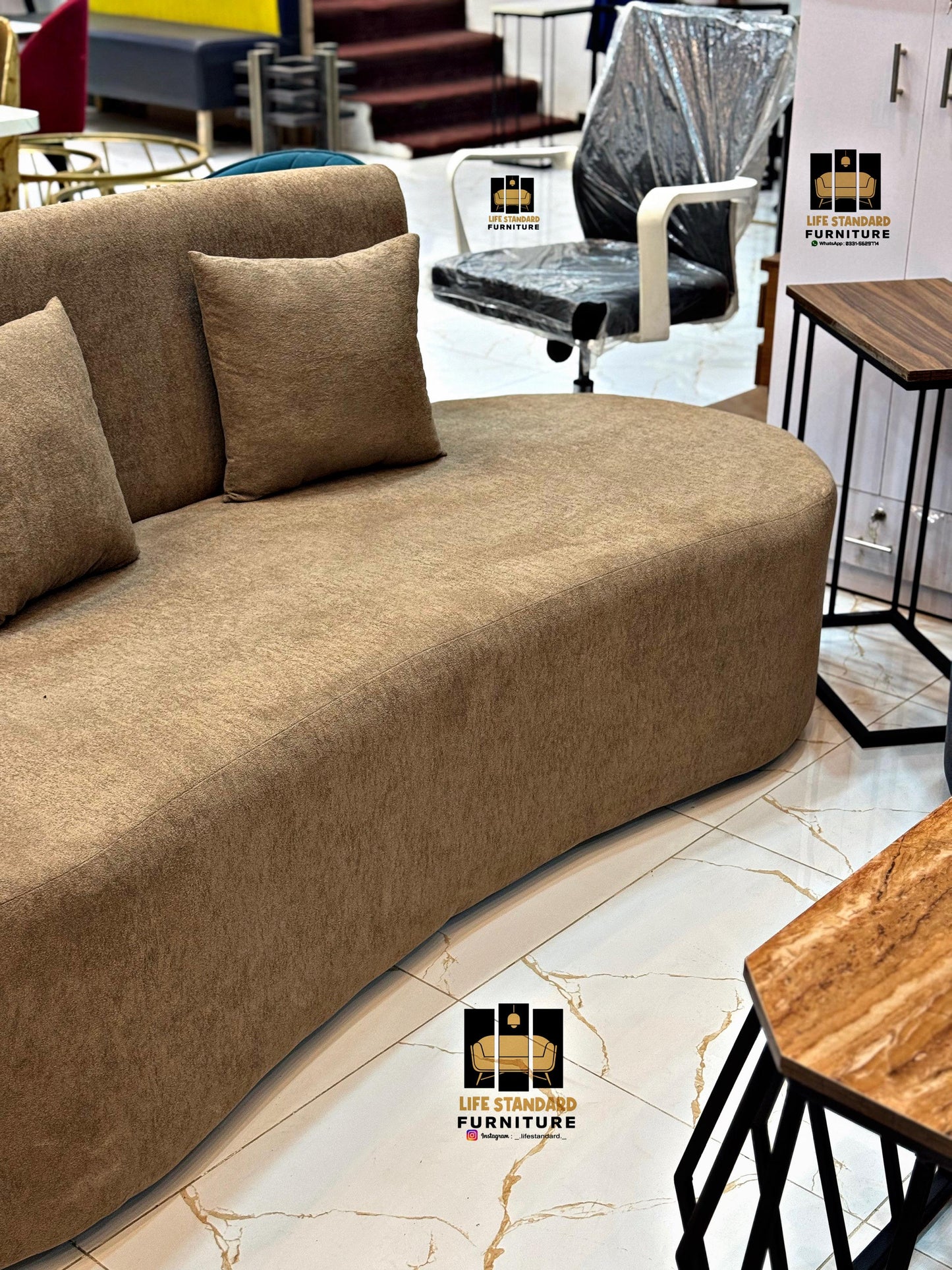 Modern Brown Curved Sofa – Premium Comfort in Towel Fabric with Cushions