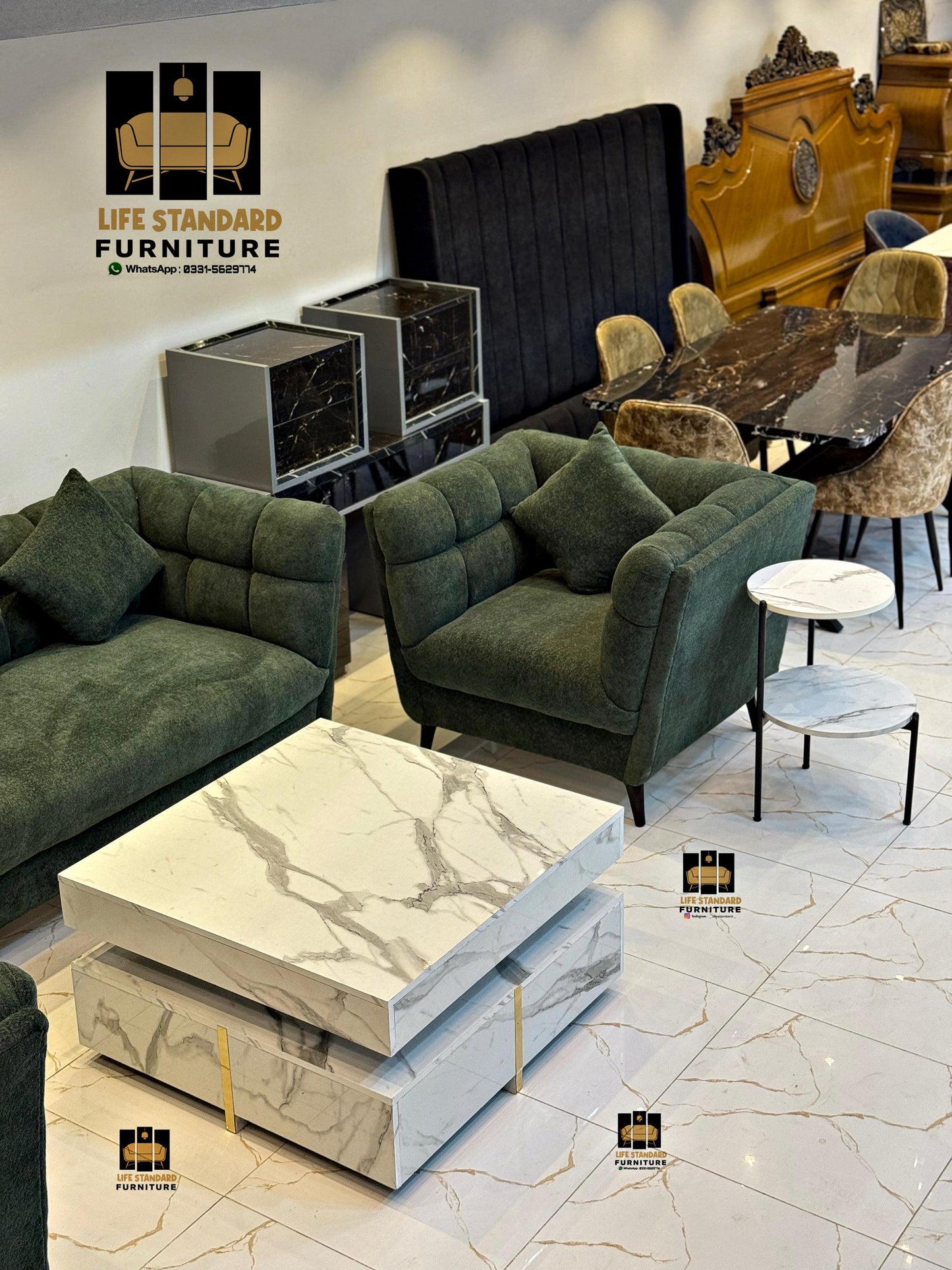 Modern Deep Green Suede Sofa Set – Plush Comfort by Life Standard Furniture