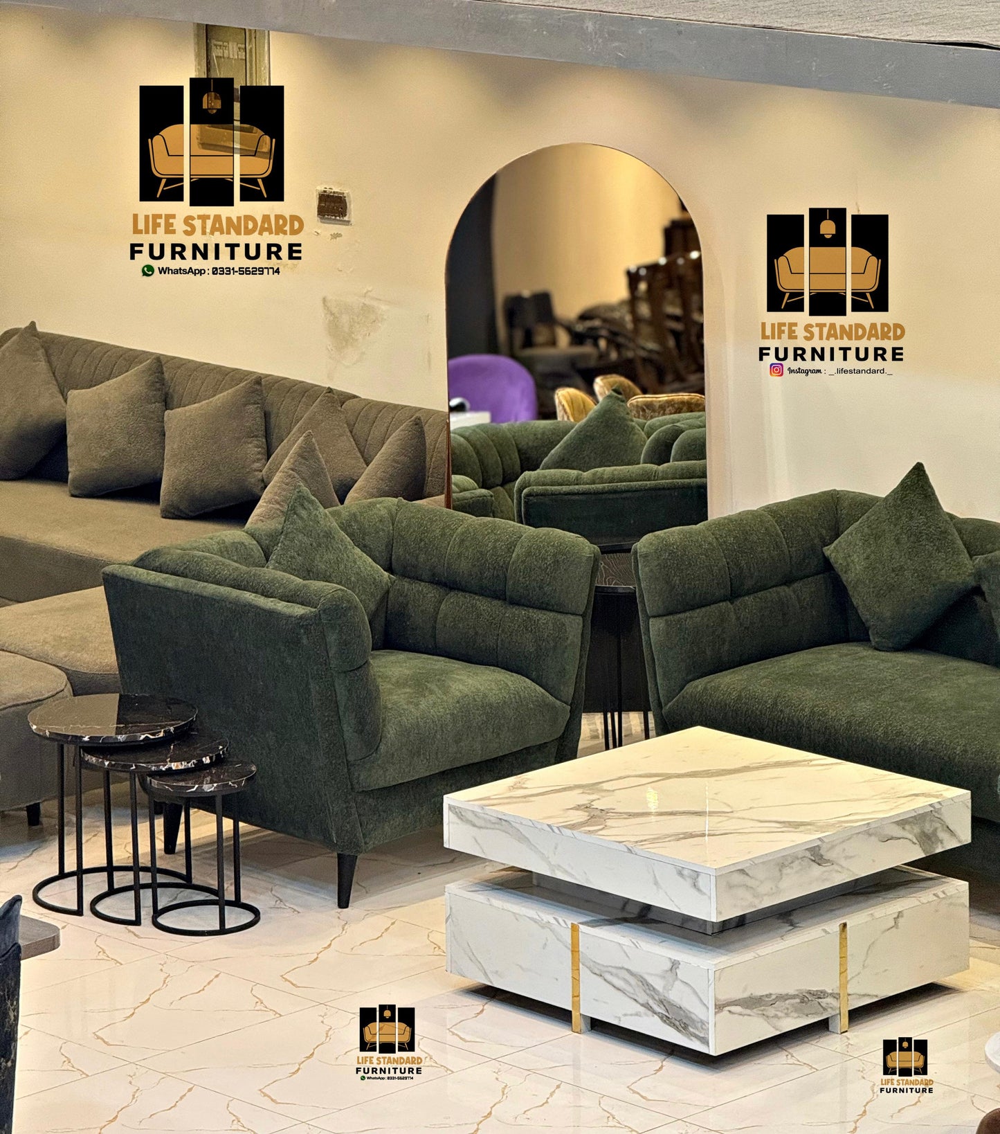 Modern Deep Green Suede Sofa Set – Plush Comfort by Life Standard Furniture