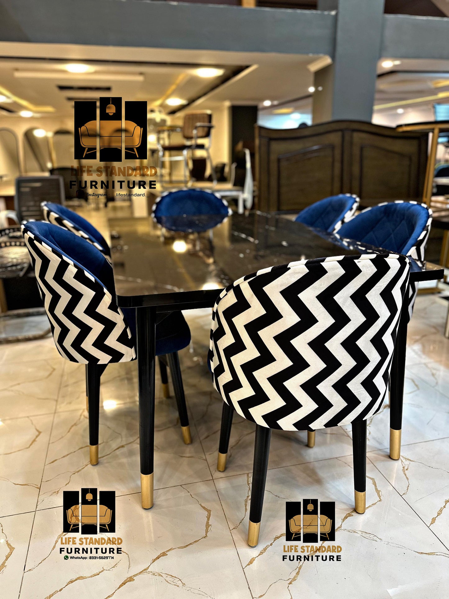 Modern Luxury 6-Seater Dining Table Set – Black Marble Top with Velvet Zigzag Texture Chairs