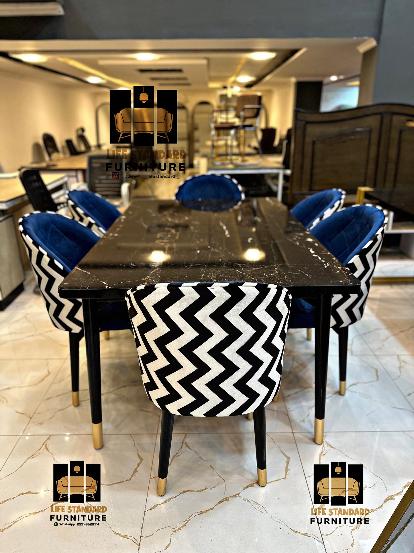Modern Luxury 6-Seater Dining Table Set – Black Marble Top with Velvet Zigzag Texture Chairs