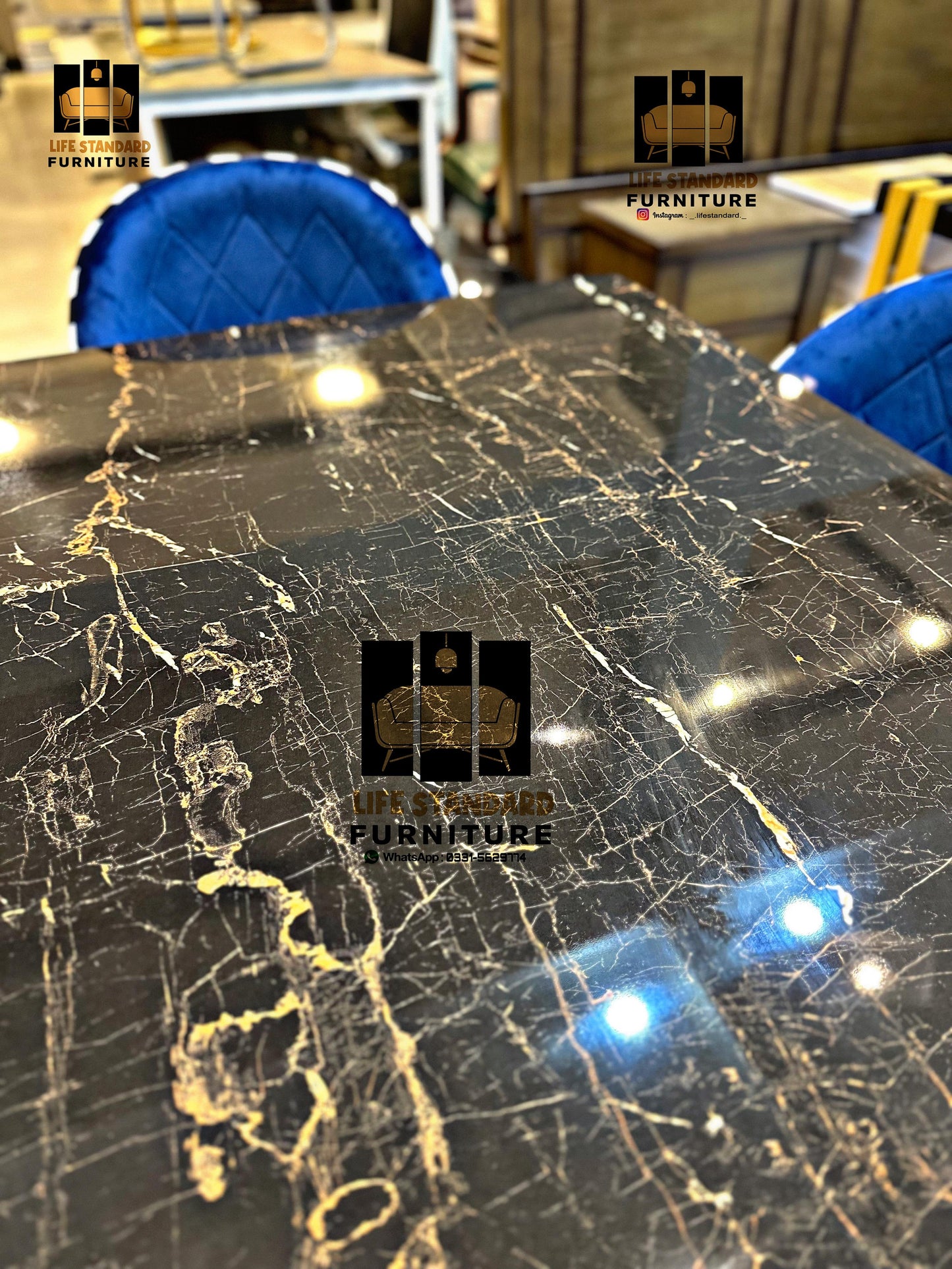 Modern Luxury 6-Seater Dining Table Set – Black Marble Top with Velvet Zigzag Texture Chairs