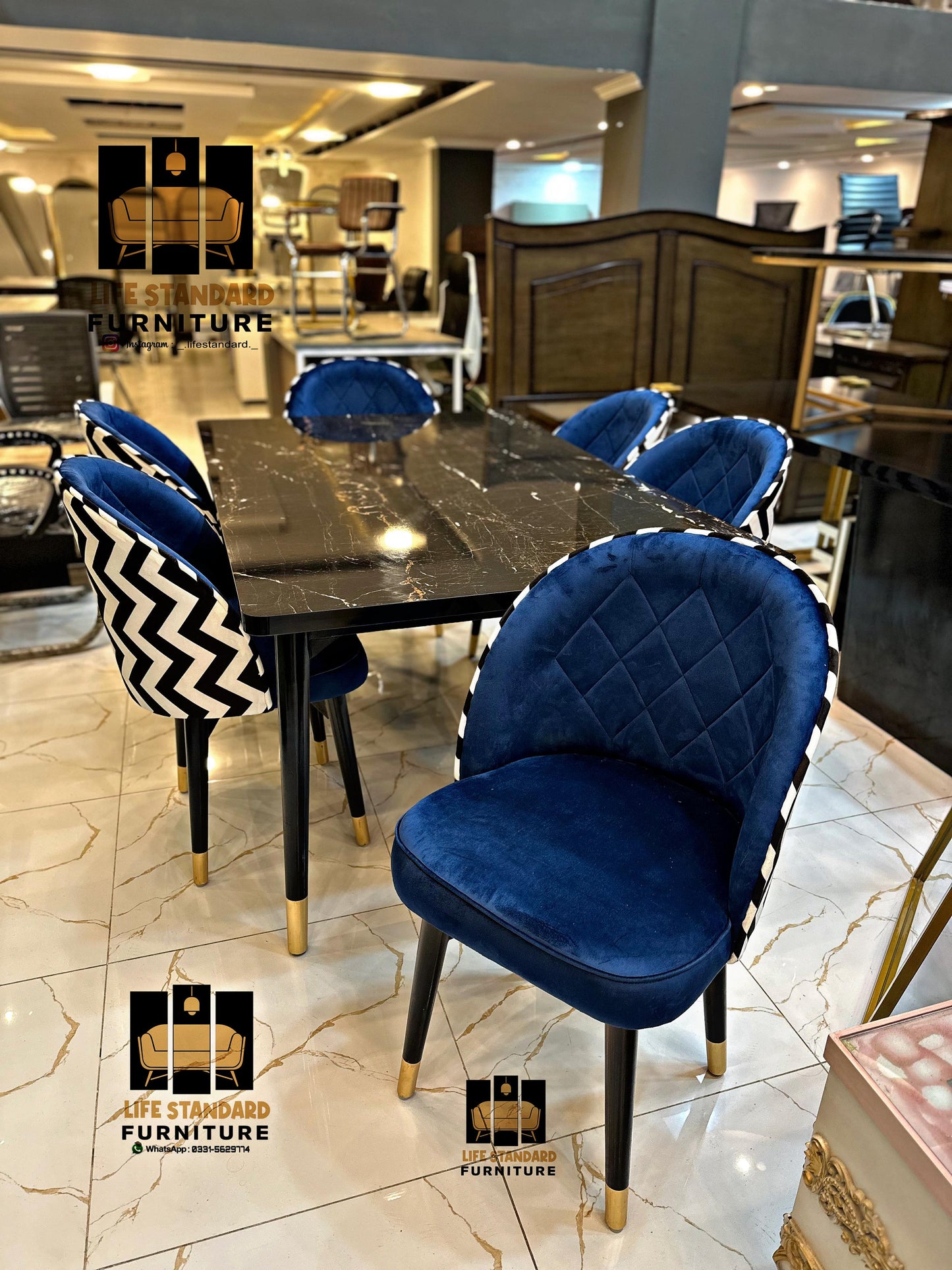Modern Luxury 6-Seater Dining Table Set – Black Marble Top with Velvet Zigzag Texture Chairs