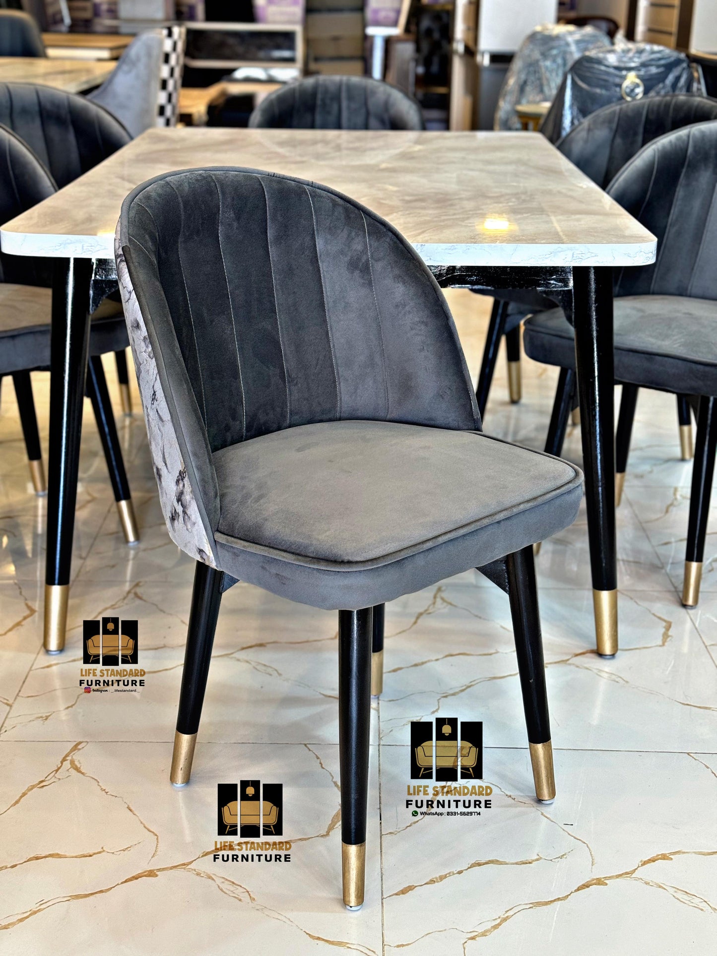 Modern Luxury Marble Dining Table Set with 6 Velvet Chairs – Elegant Gold-Tipped Desig