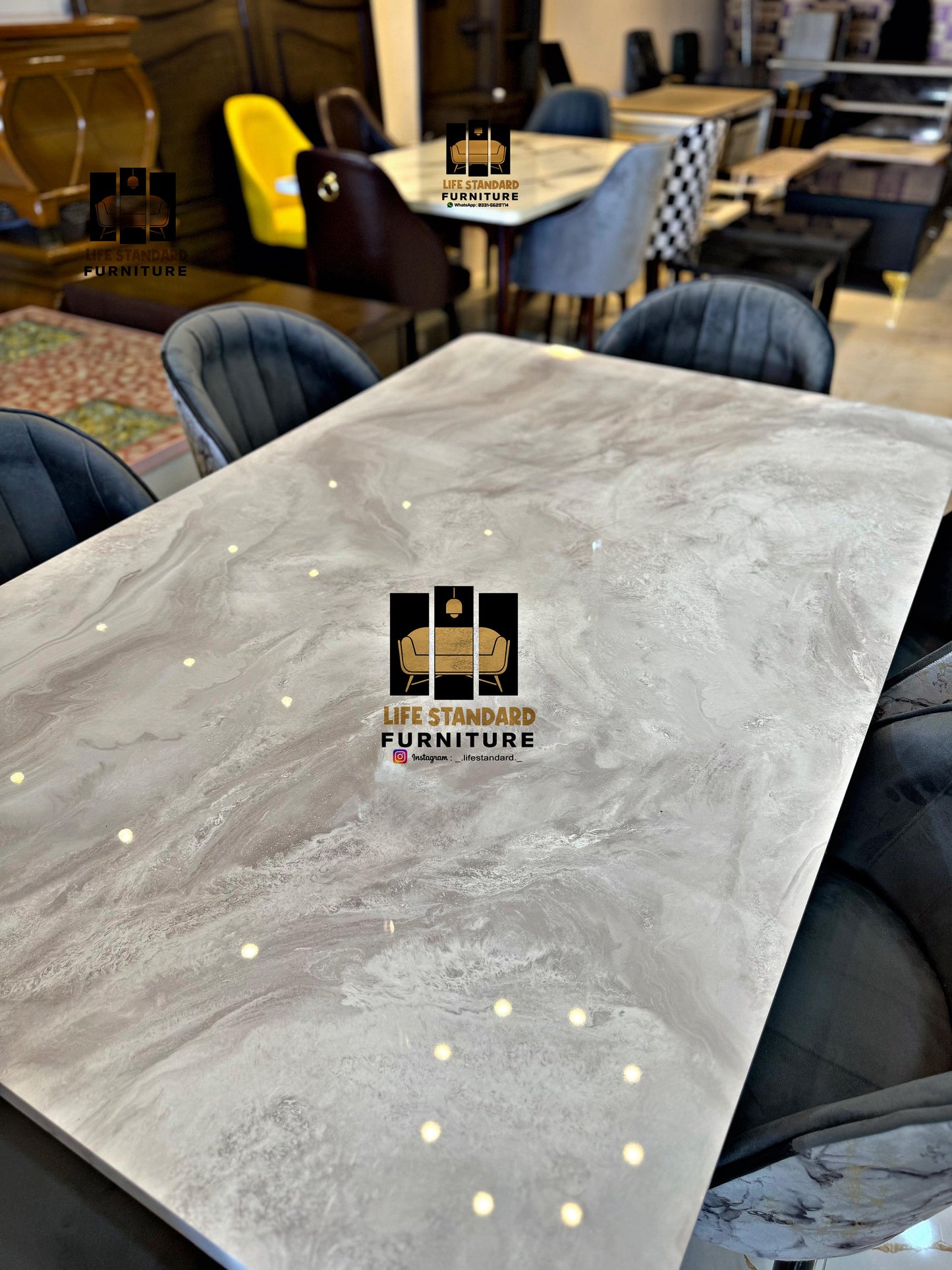 Modern Luxury Marble Dining Table Set with 6 Velvet Chairs – Elegant Gold-Tipped Desig