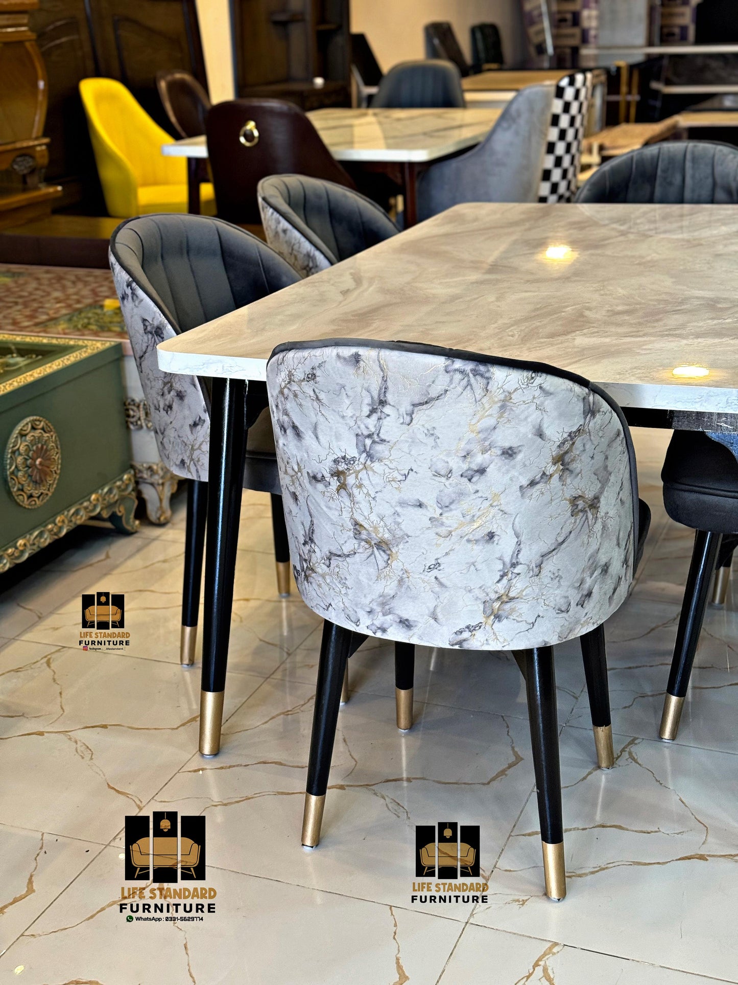 Modern Luxury Marble Dining Table Set with 6 Velvet Chairs – Elegant Gold-Tipped Desig