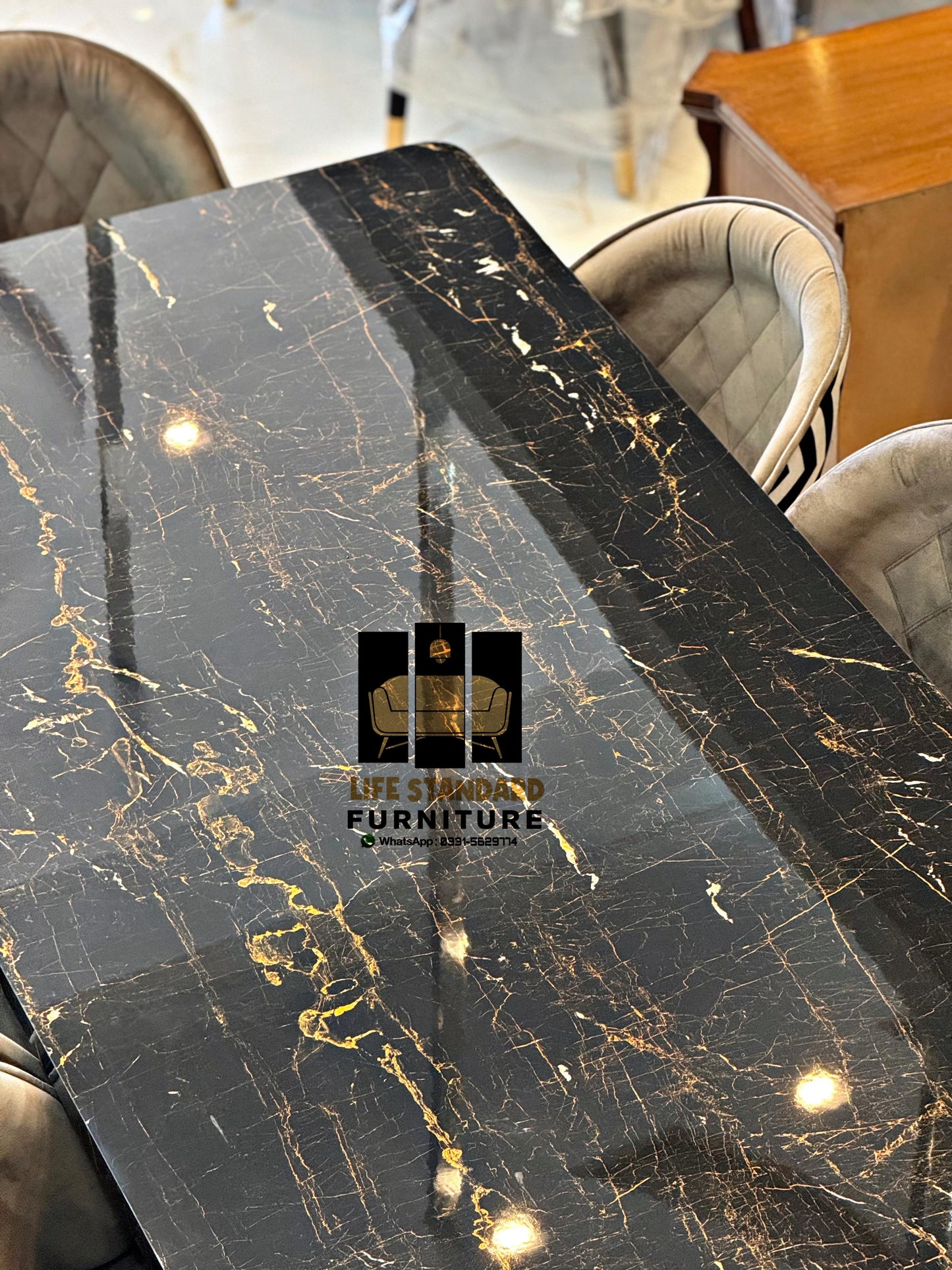 Luxury 8-Seater Dining Table with Velvet & Zigzag Print Chairs
