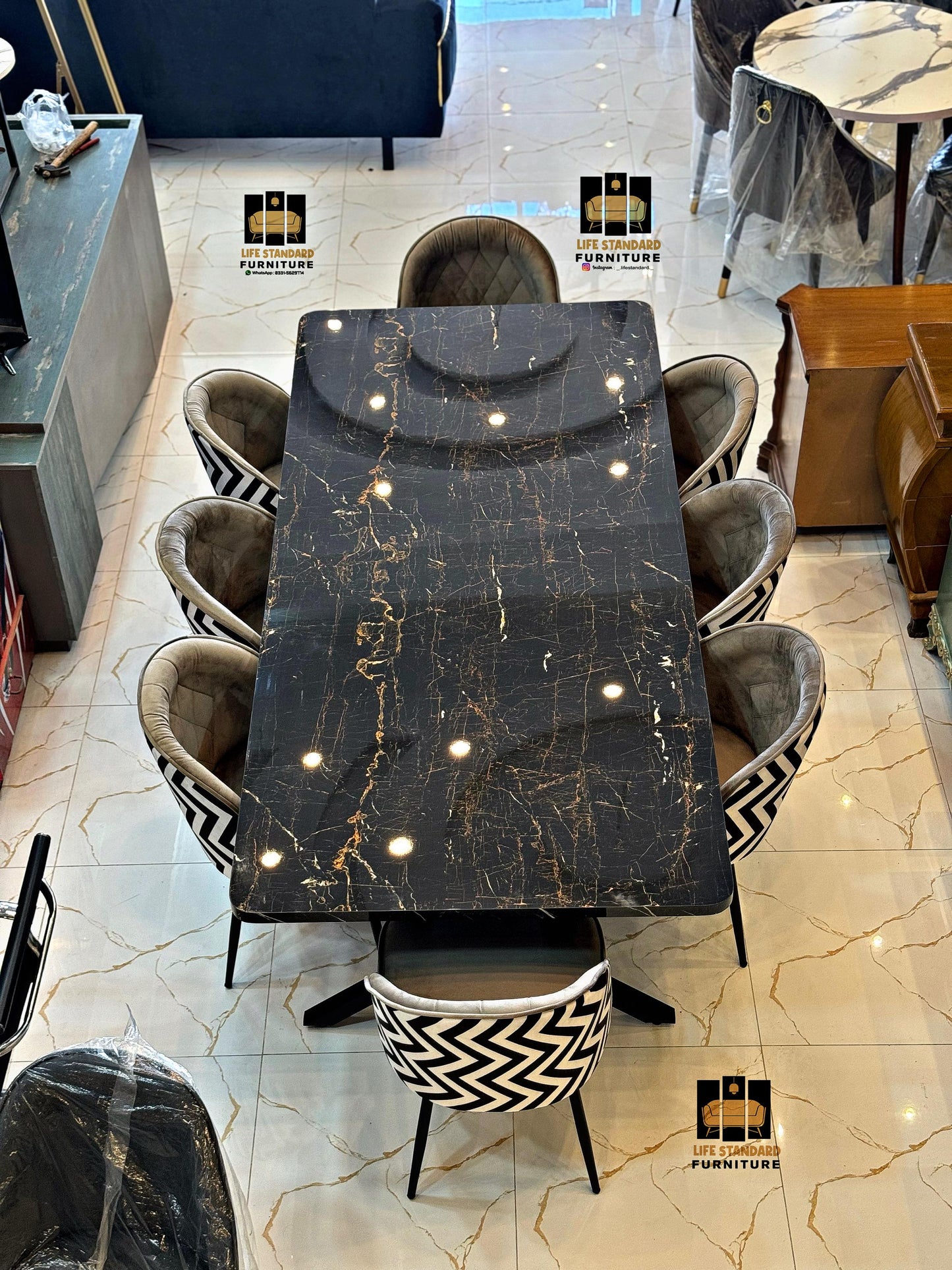 Luxury 8-Seater Dining Table with Velvet & Zigzag Print Chairs