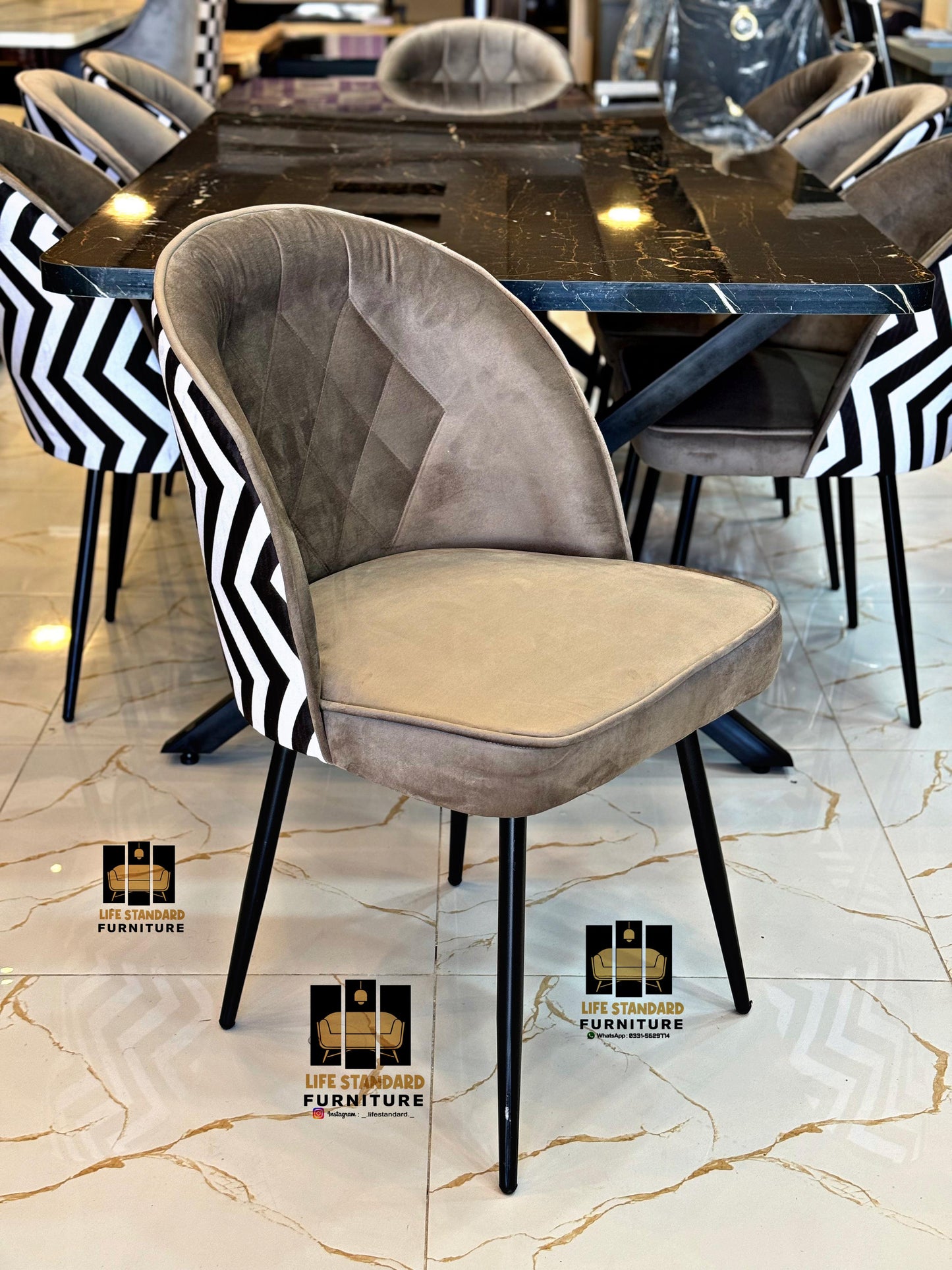 Luxury 8-Seater Dining Table with Velvet & Zigzag Print Chairs
