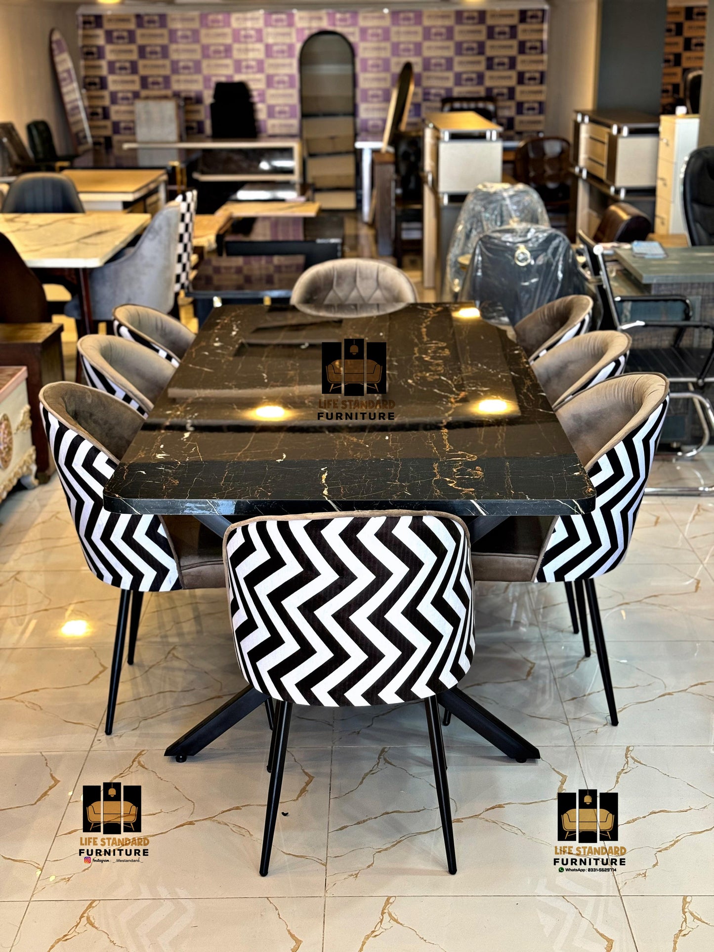 Luxury 8-Seater Dining Table with Velvet & Zigzag Print Chairs