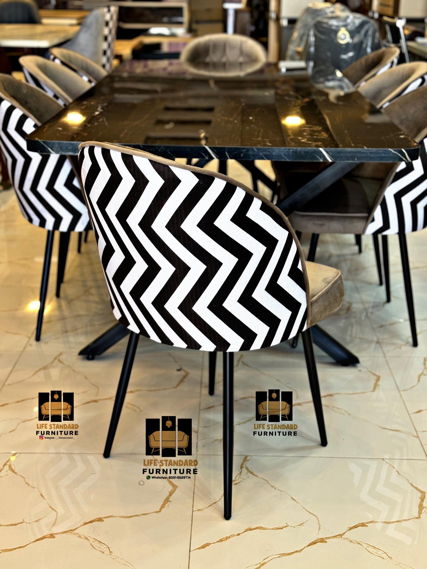 Luxury 8-Seater Dining Table with Velvet & Zigzag Print Chairs