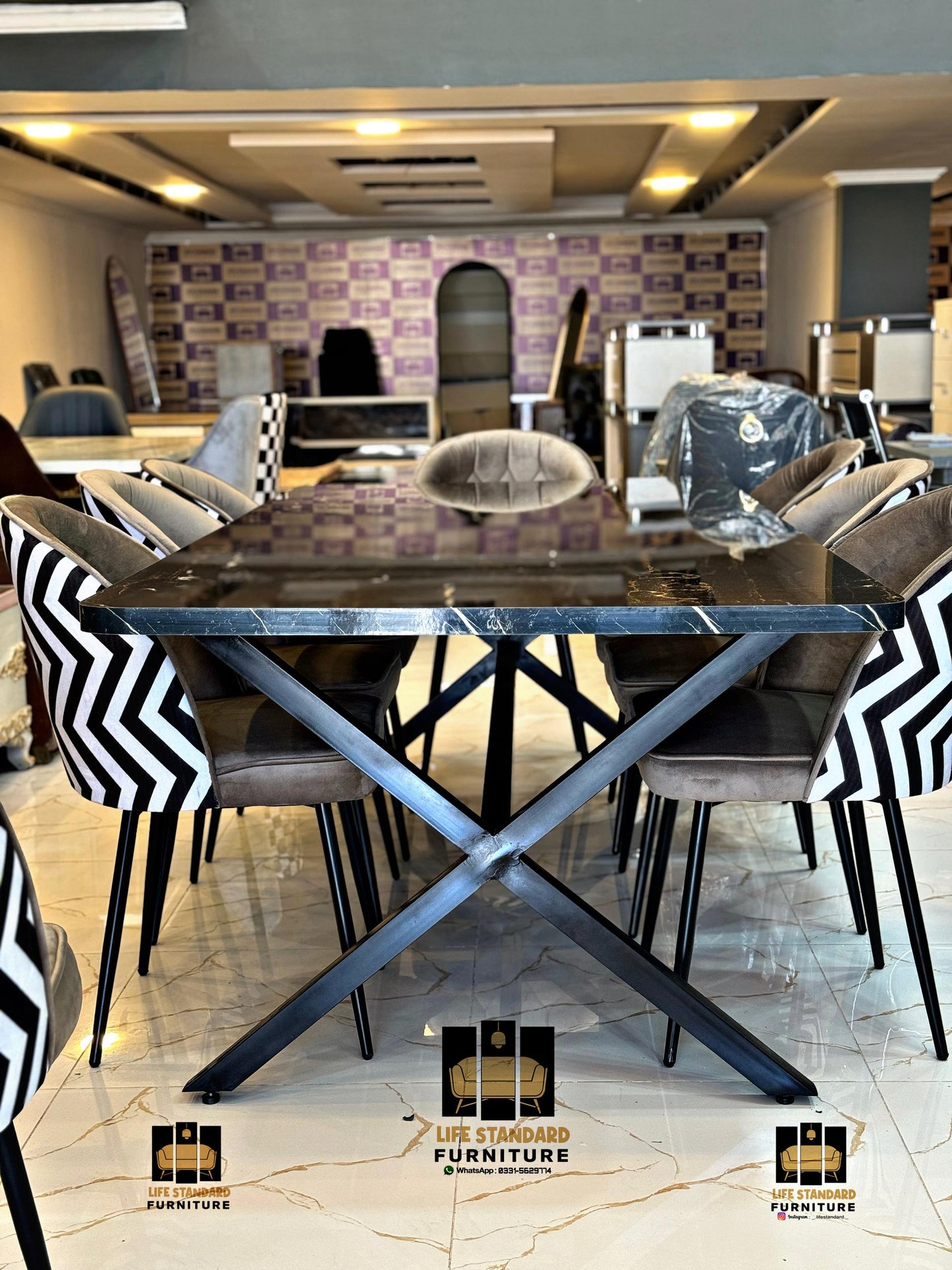 Luxury 8-Seater Dining Table with Velvet & Zigzag Print Chairs