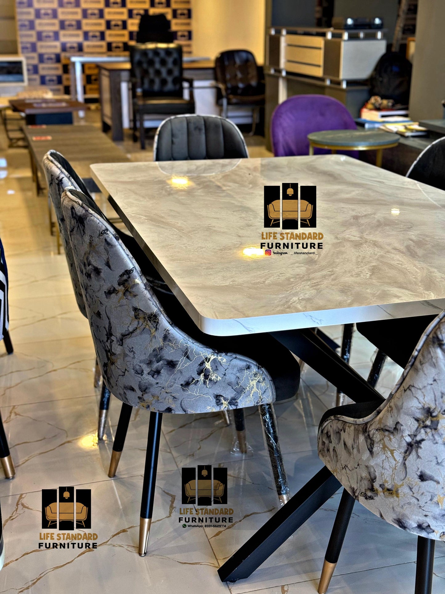 Elegant 6-Person Dining Table Set – Creamy Gloss Top with Luxury Velvet Chairs