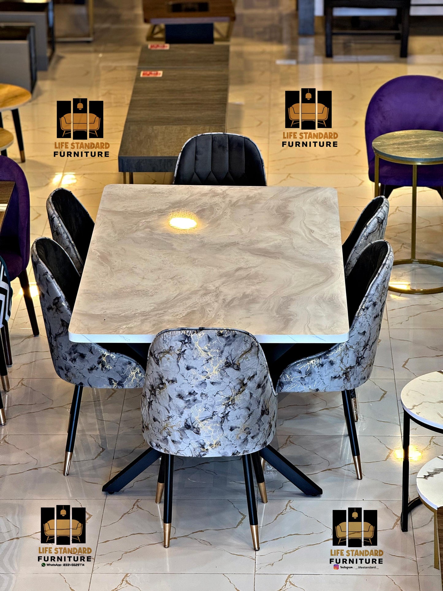 Elegant 6-Person Dining Table Set – Creamy Gloss Top with Luxury Velvet Chairs