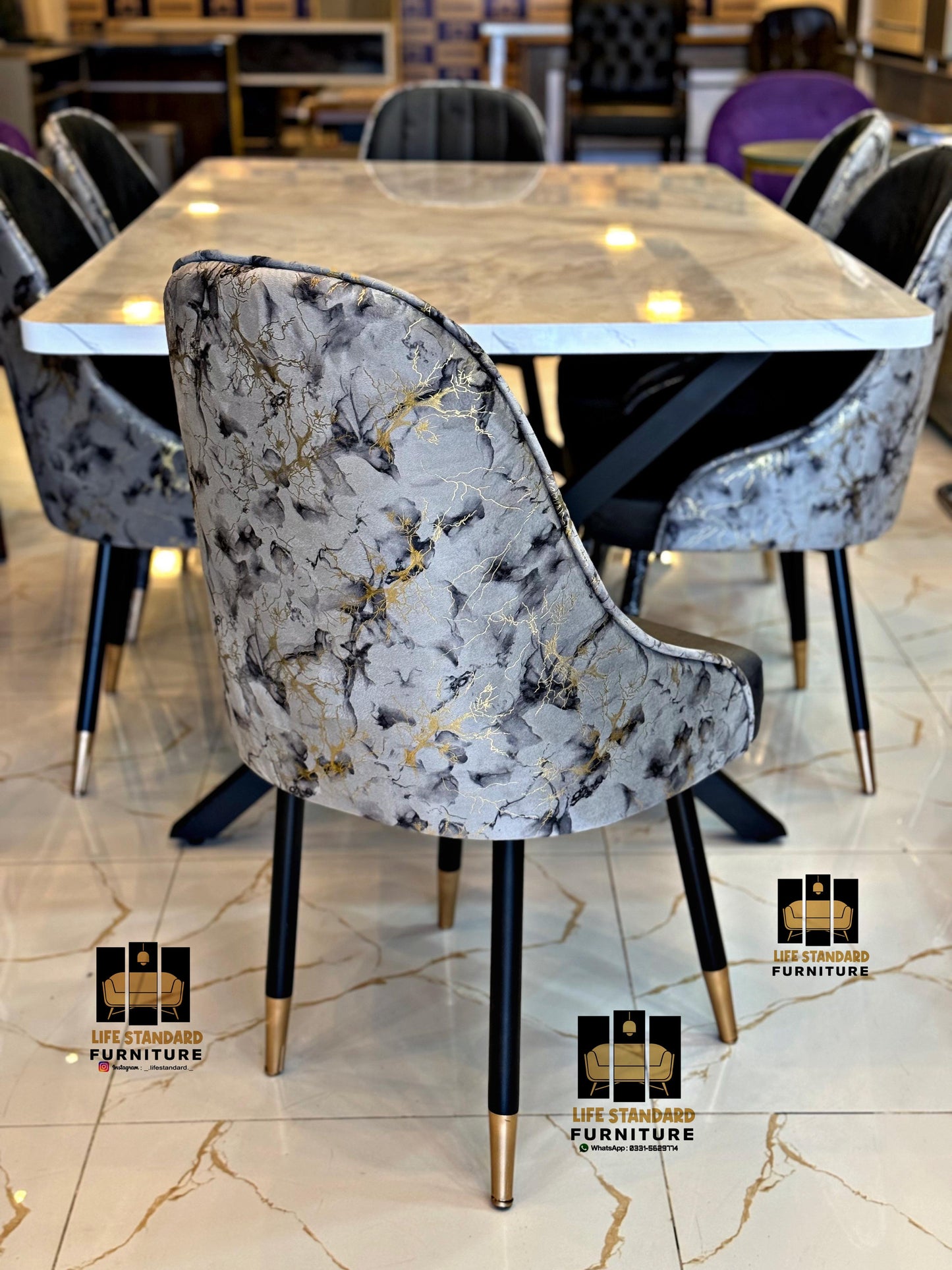 Elegant 6-Person Dining Table Set – Creamy Gloss Top with Luxury Velvet Chairs