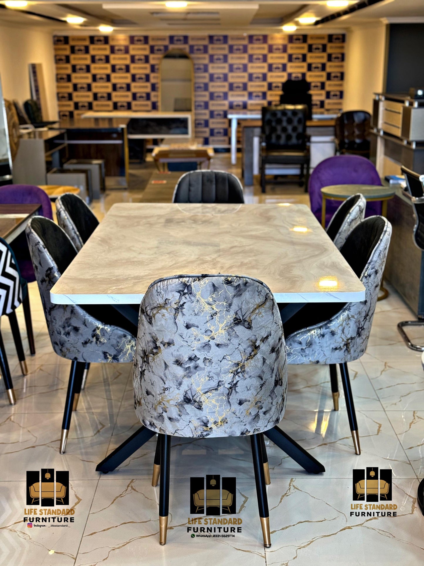 Elegant 6-Person Dining Table Set – Creamy Gloss Top with Luxury Velvet Chairs