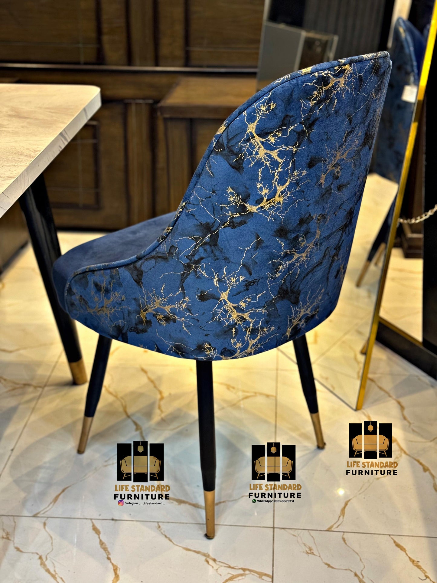 Elegant 6-Seater Dining Table Set โ Cream Marble Top with Royal Blue Chairs