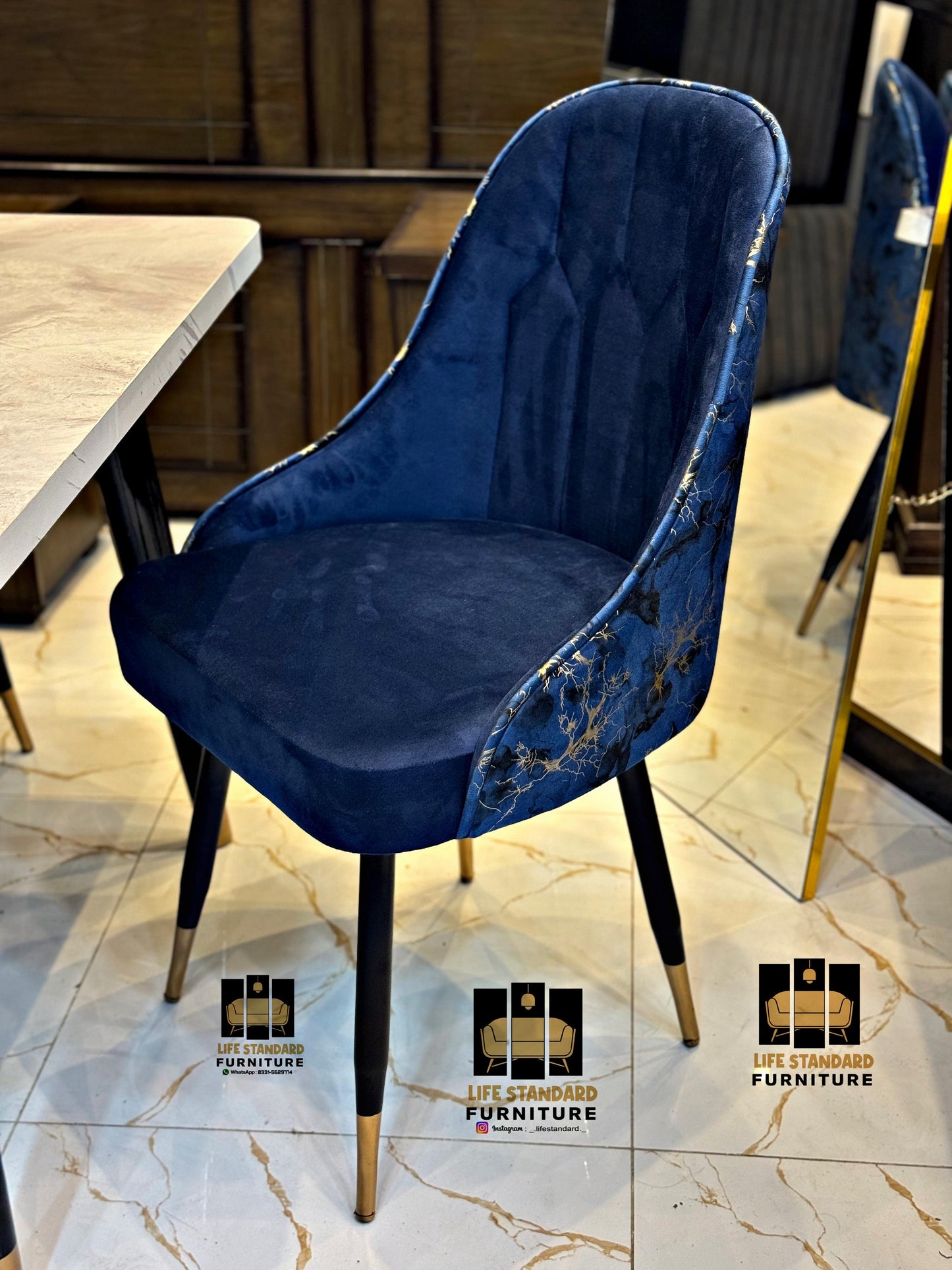 Elegant 6-Seater Dining Table Set โ Cream Marble Top with Royal Blue Chairs