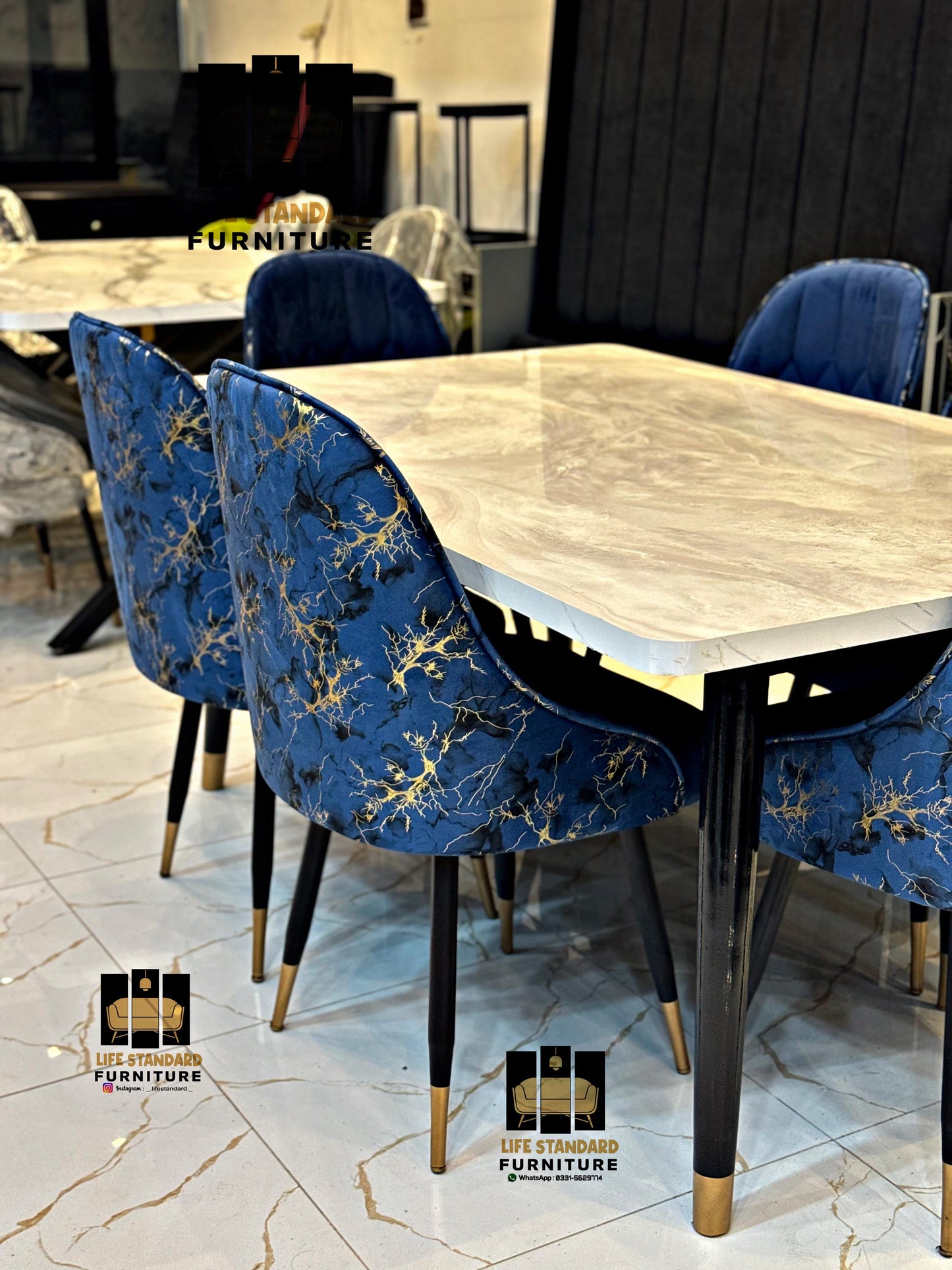 Elegant 6-Seater Dining Table Set โ Cream Marble Top with Royal Blue Chairs