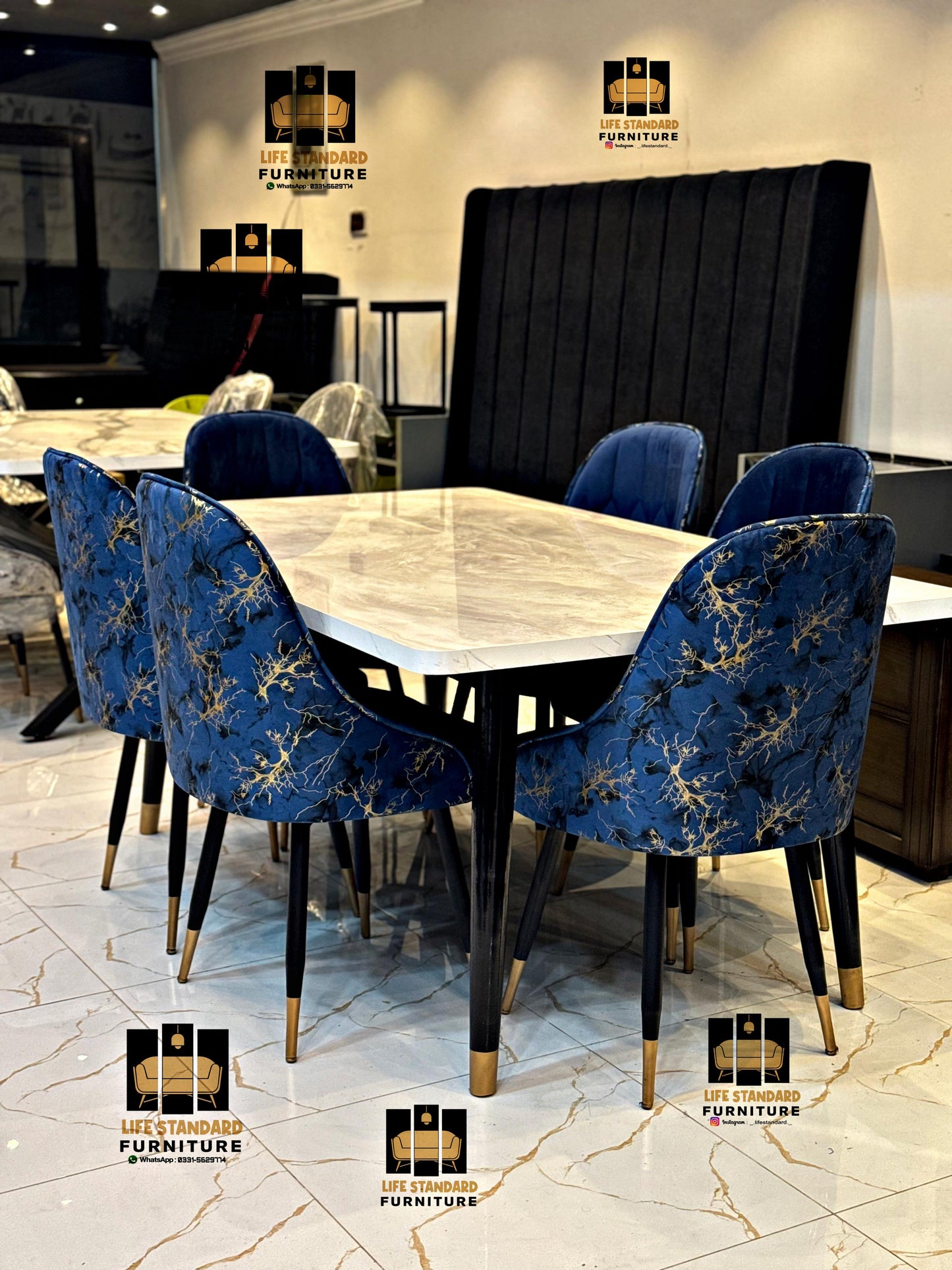 Elegant 6-Seater Dining Table Set โ Cream Marble Top with Royal Blue Chairs