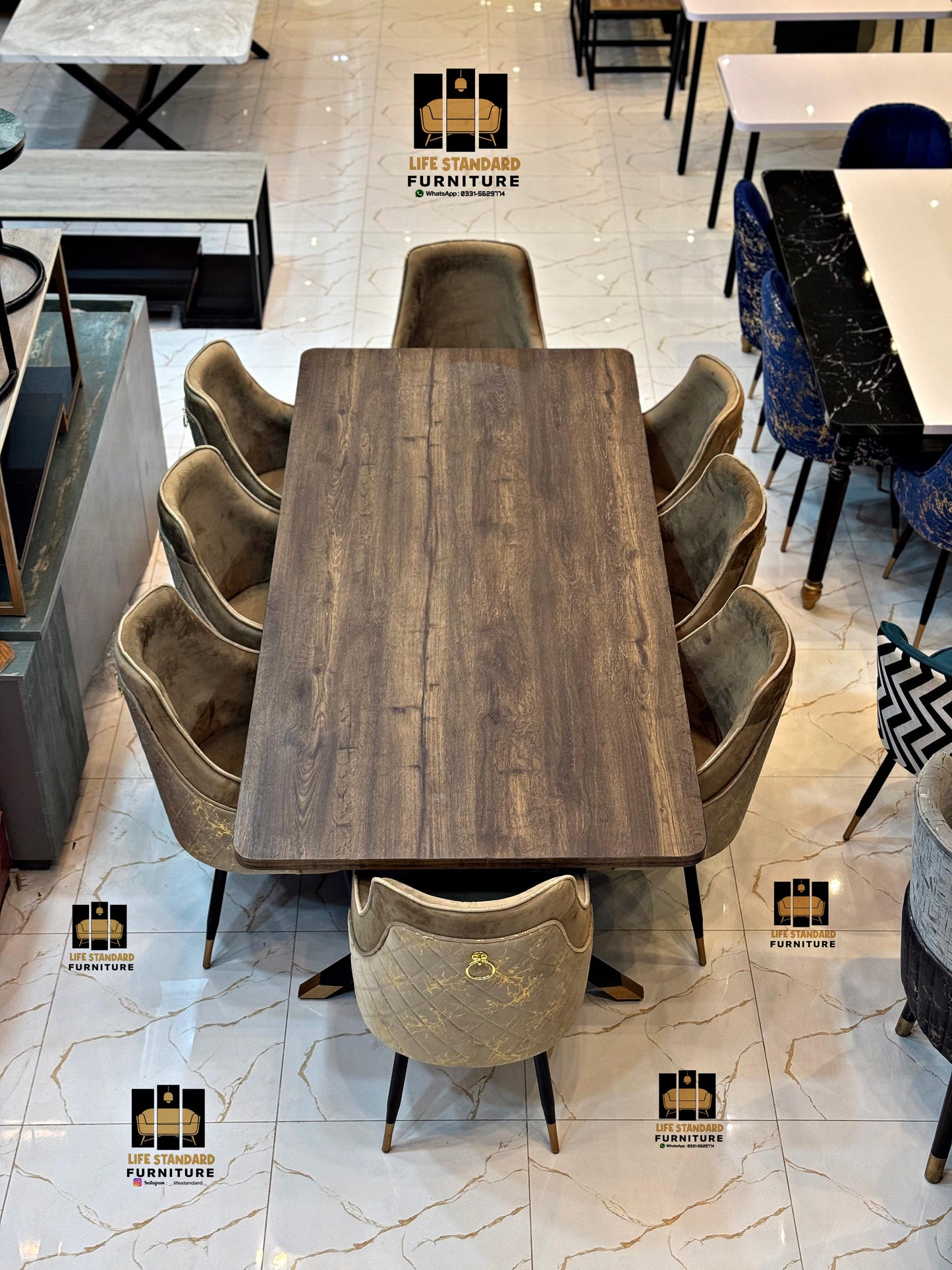 Luxury 8 Seater Dining Table Set – Matte Brown Finish with Turkish Velvet Chairs