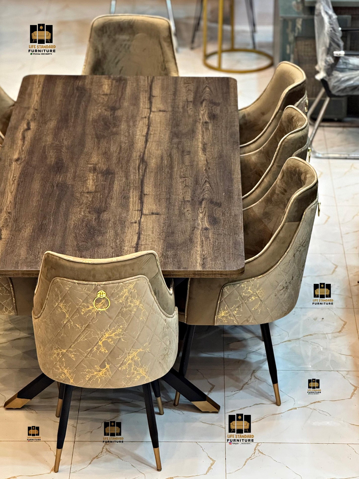 Luxury 8 Seater Dining Table Set – Matte Brown Finish with Turkish Velvet Chairs