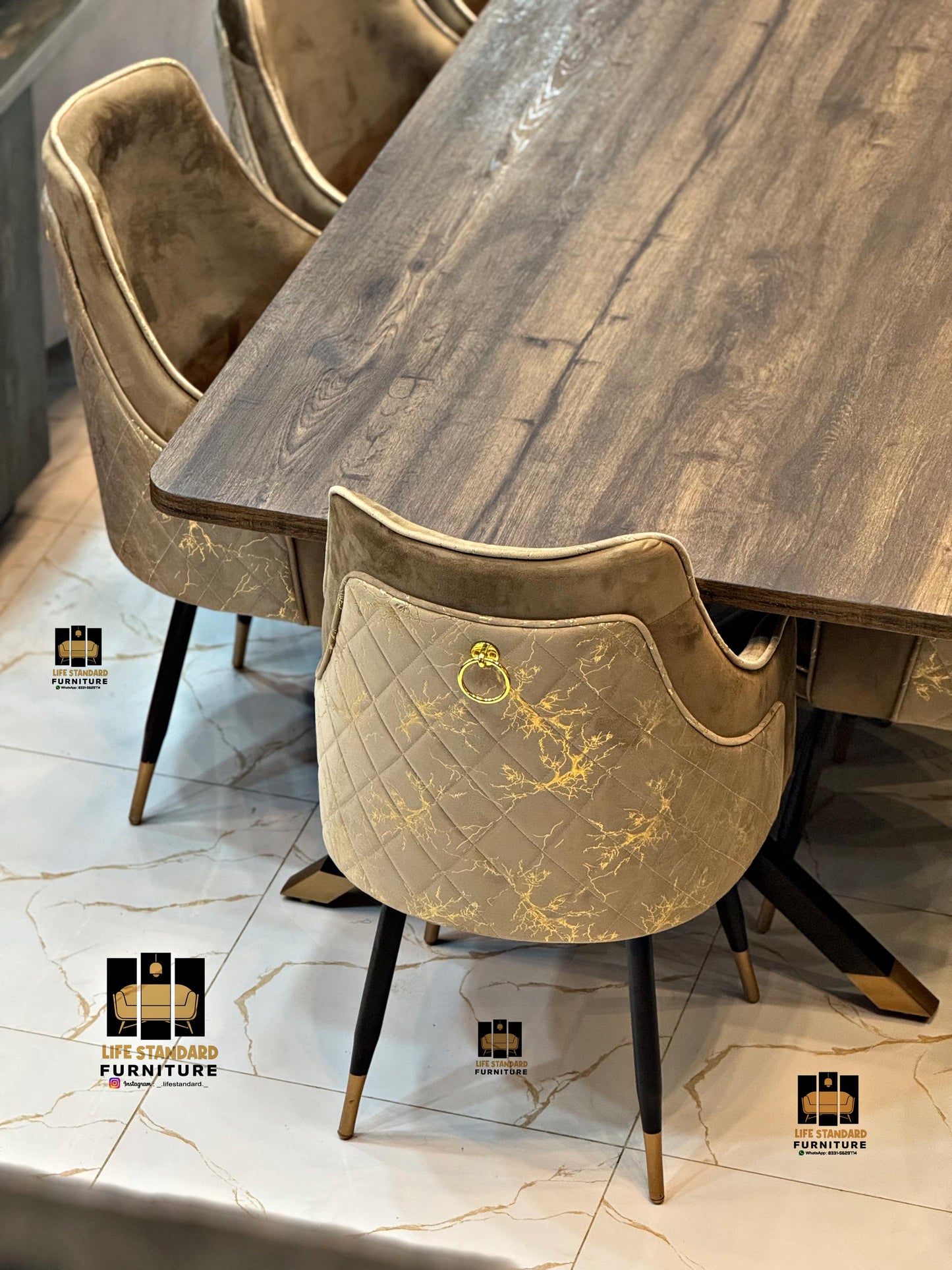 Luxury 8 Seater Dining Table Set – Matte Brown Finish with Turkish Velvet Chairs