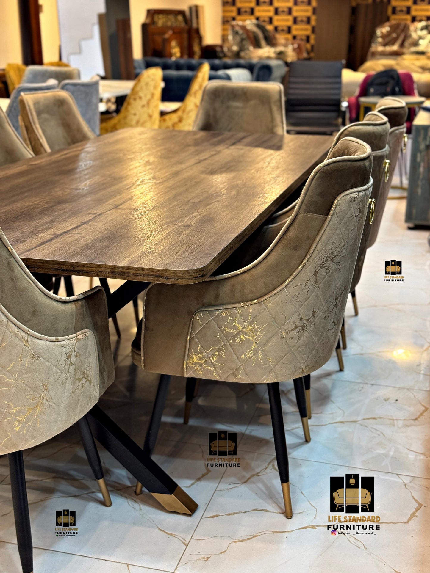 Luxury 8 Seater Dining Table Set – Matte Brown Finish with Turkish Velvet Chairs