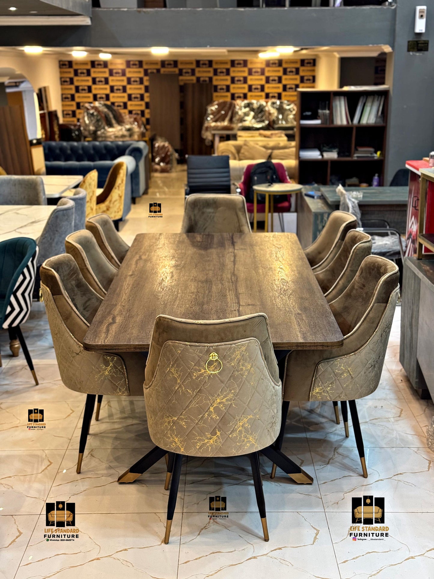 Luxury 8 Seater Dining Table Set – Matte Brown Finish with Turkish Velvet Chairs