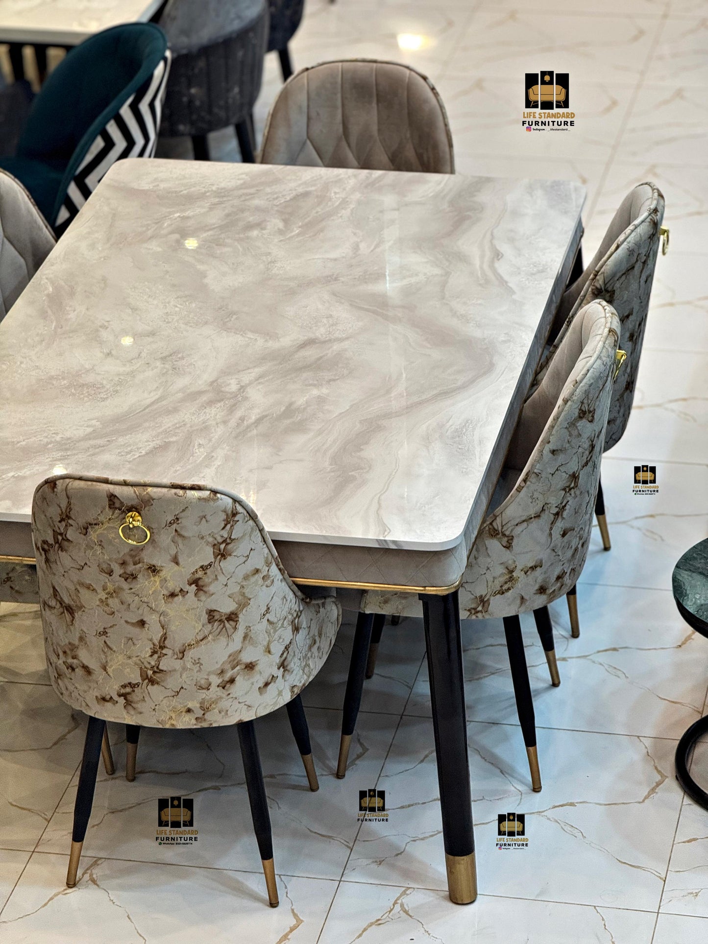 Luxury 8-Seater Dining Table – Black Marble UV Glass Finish