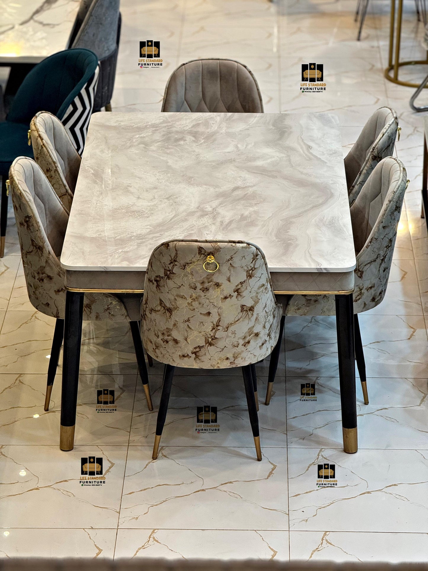 Luxury 8-Seater Dining Table – Black Marble UV Glass Finish